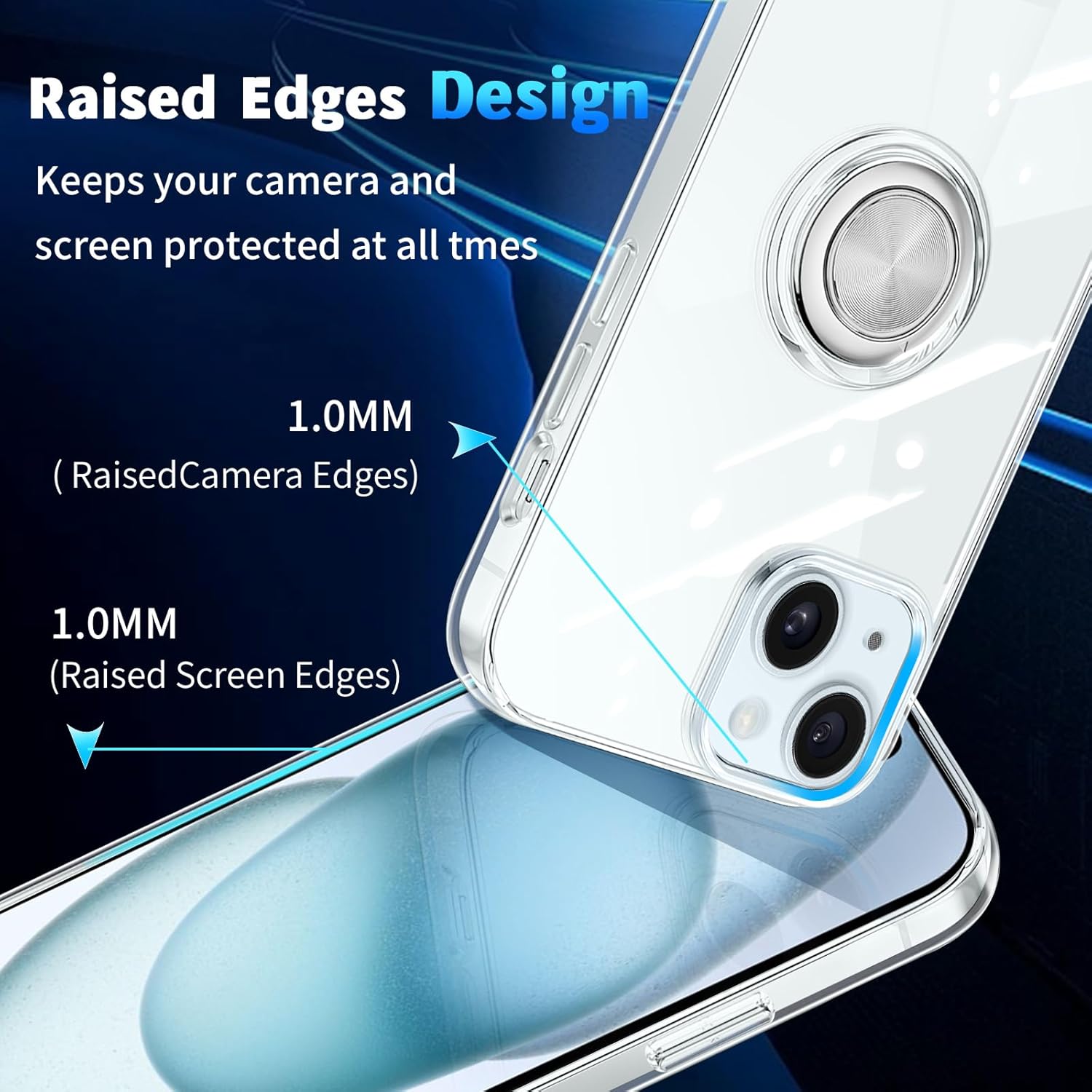 Funda transparente para iPhone 15 Plus con soporte de anillo de 360 con soporte de anillo de 360, transparente, delgada, ligera, antiamarillamiento,