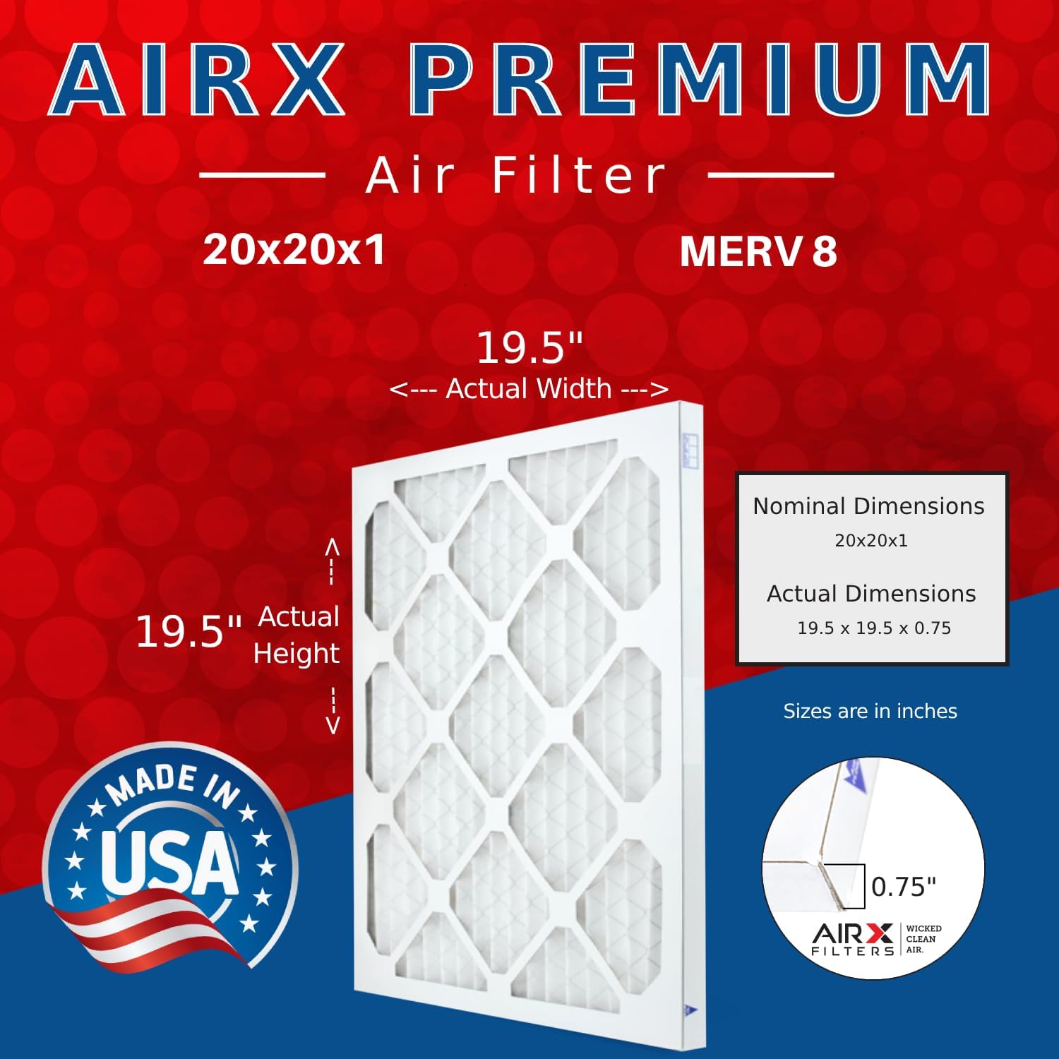 AIRX FILTERS WICKED CLEAN AIR. Filtro de aire 20x20x1 MERV 8 electrostático plisado filtro de aire acondicionado paquete de 4 filtros de horno HVAC