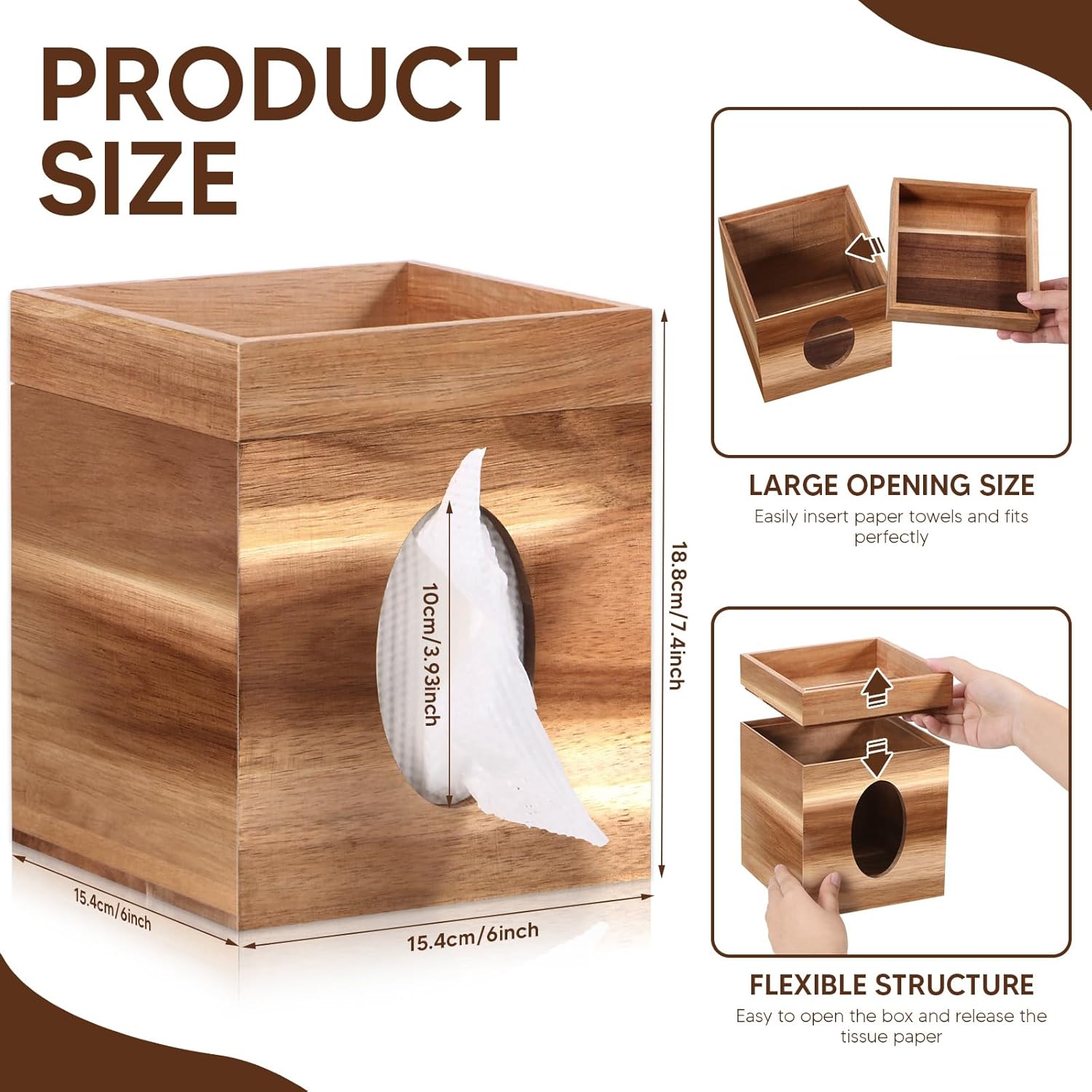 Funda para caja de pañuelos, cubierta de caja de pañuelos de madera con bandeja de almacenamiento cuadrada para caja de pañuelos para baño,