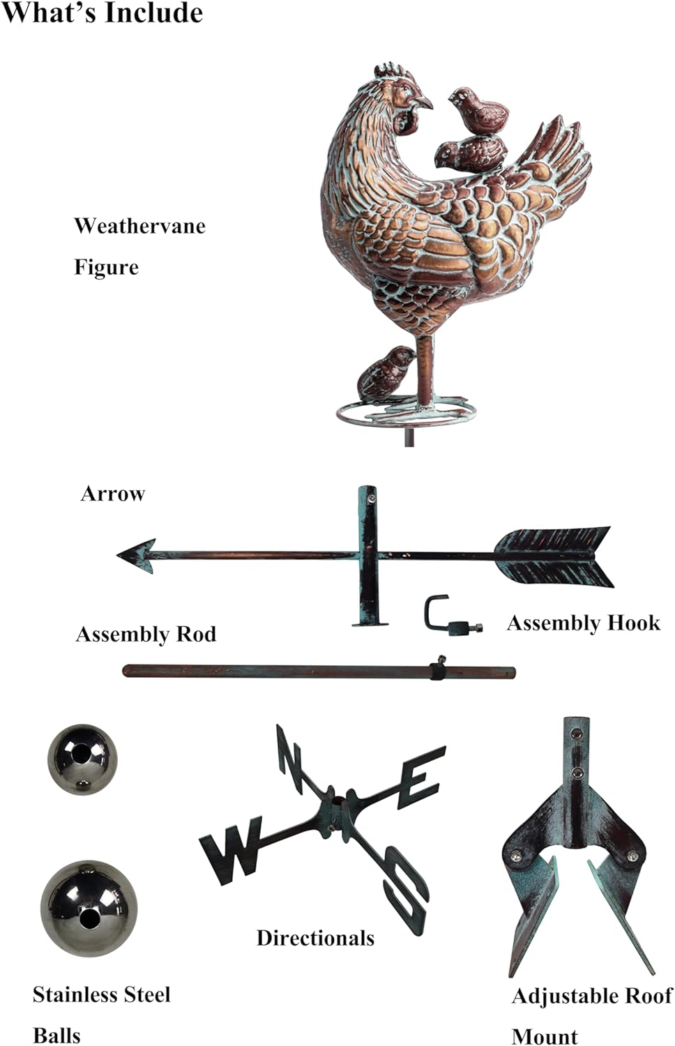 CLYB Gallina de metal con veleta de pollo – Encantadora elegancia de corral con soporte de techo ajustable