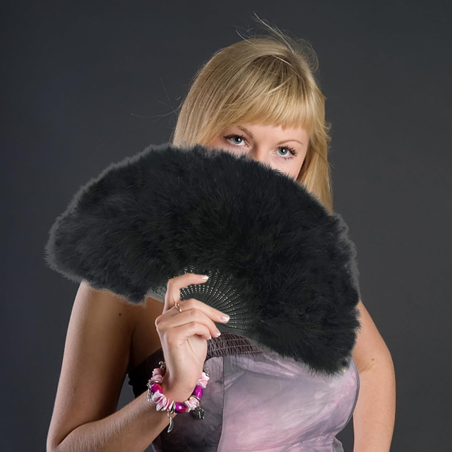Abanico de plumas de Marabou, ventilador de mano plegable negro vintage de los años 20, ventilador de mano para festivales renacentistas para