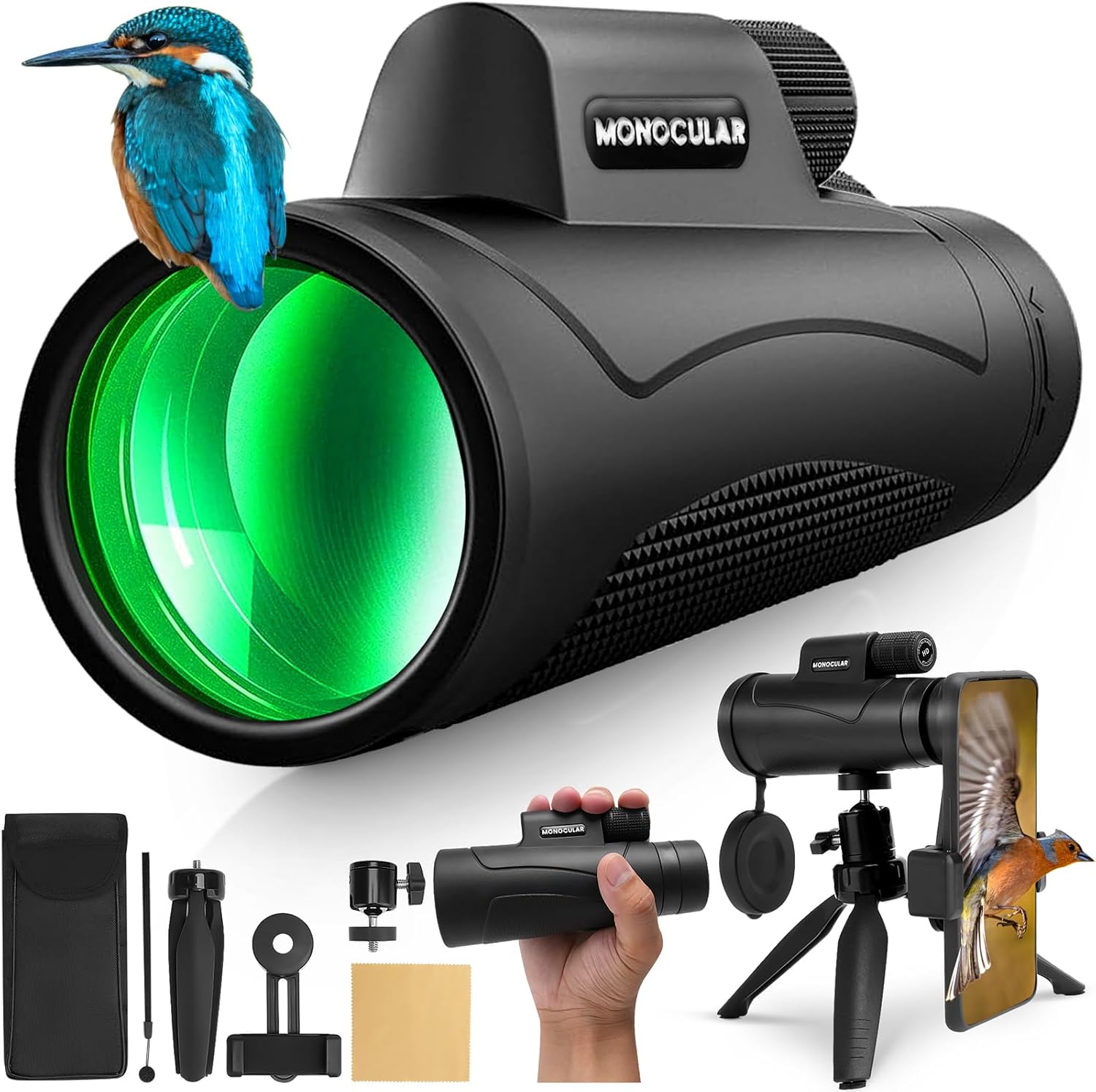 Telescopio monoculares HD de 80 x 100 para adultos de alta potencia con trípode para teléfono inteligente y prisma BAK4 para observación de aves,