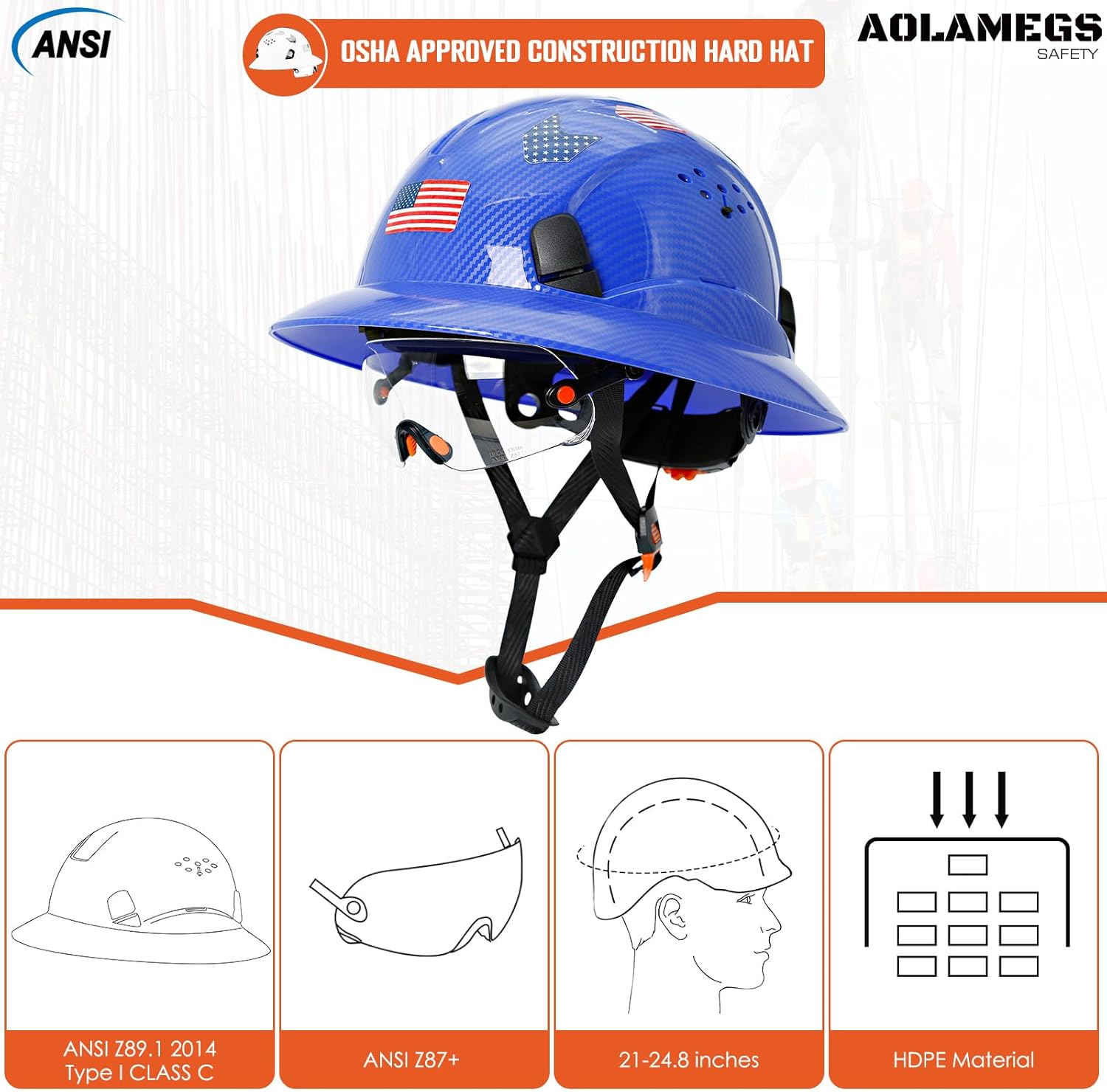 Aolamegs Safe Casco duro de ala completa con patrón de fibra de carbono con visera, casco de seguridad de construcción aprobado por la OSHA para