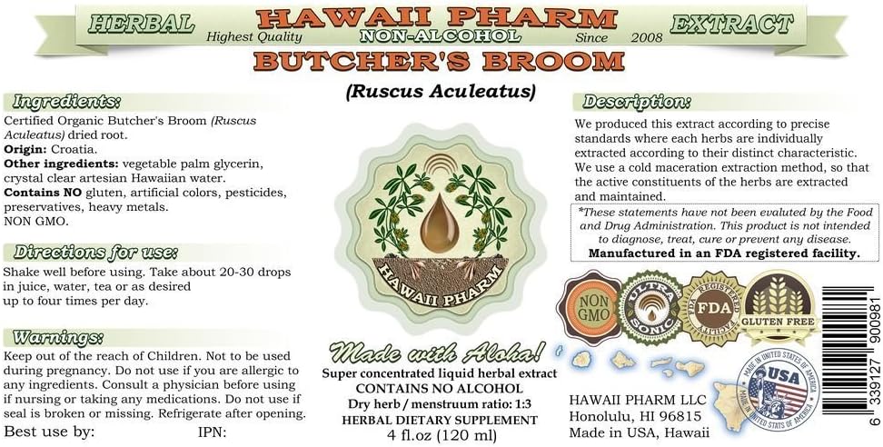 Hawaii Pharm Extracto líquido de escoba de carnicero sin alcohol, escoba de carnicero orgánica (Ruscus aculeatus) Suplemento herbario natural de