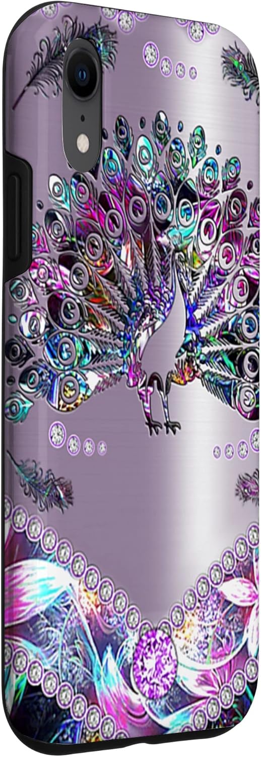 Funda de PC para iPhone XR Peacock-Gemstone Feathers