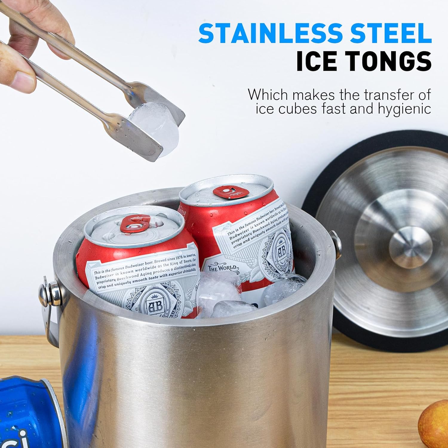 Cubo de hielo de 2 litros con tapa de silicona, colador, pinzas, pequeño cubo de hielo de acero inoxidable aislado de doble pared para cócteles y