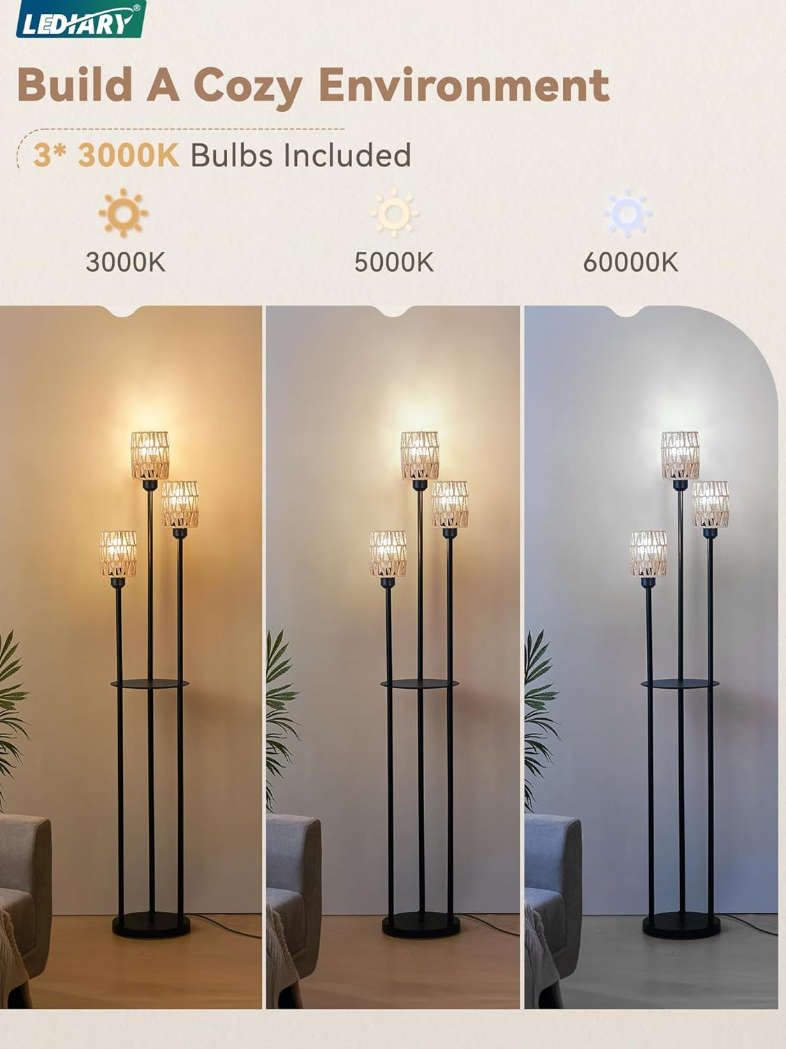 LEDIARY Lámpara de pie bohemia de 65 pulgadas para sala de estar, lámpara de pie de ratán con estantes, 3 bombillas LED incluidas, lámpara de pie