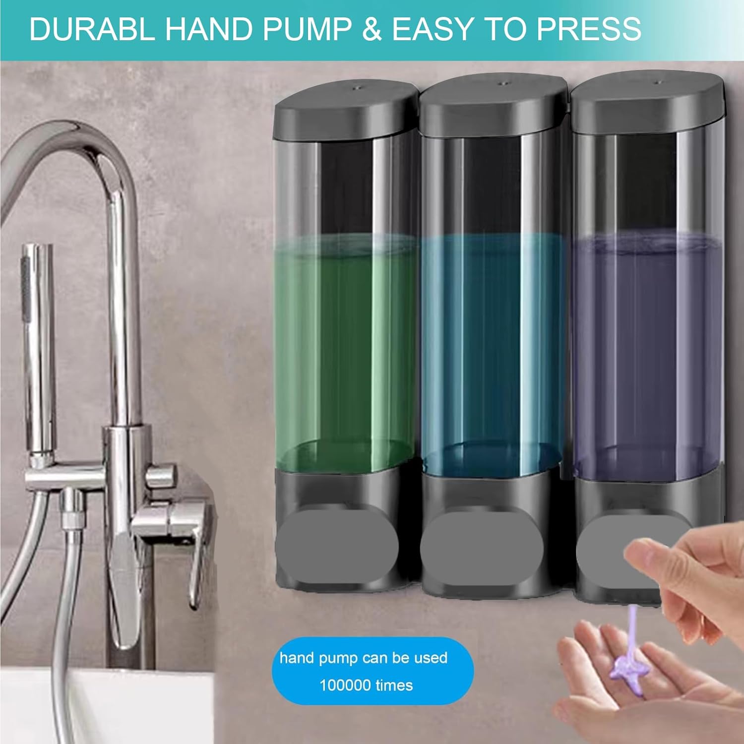 Dispensador de ducha de 3 cámaras sin taladro, dispensador de champú de ducha de 3 cámaras montado en la pared, dispensador de champú y