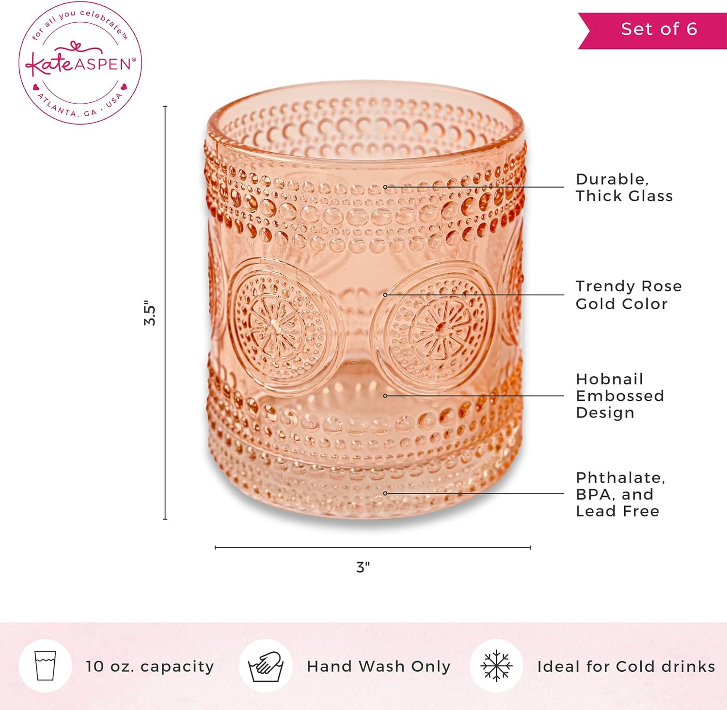 Kate Aspen Hobnail – Juego de 6 vasos de bebida con cuentas florales de oro rosa (10 onzas), juego de cristalería vintage, juego de vasos de cóctel,