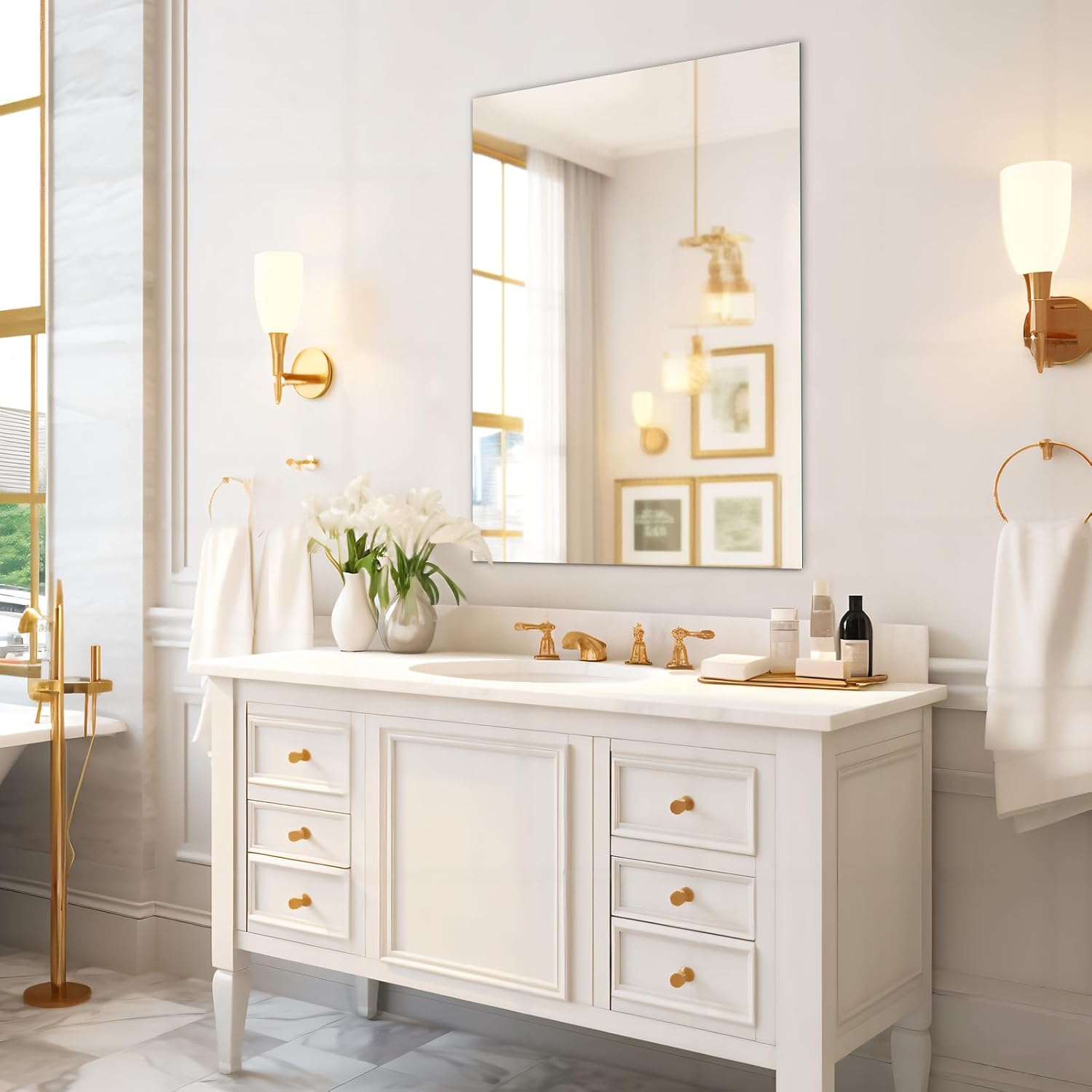 Mirrorons Espejo de baño de 28 x 36 pulgadas, moderno espejo de tocador de baño, espejo sin marco con borde pulido para dormitorio, sala de estar,