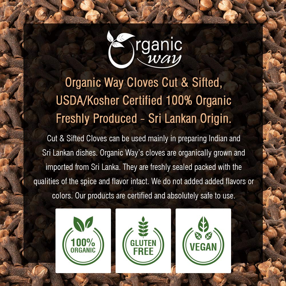 Organic Way Clavos seleccionados a mano cortados y tamizados (Syzygium aromaticum)  Añade sabor y aroma  Certificado orgánico y Kosher  Sin OMG y