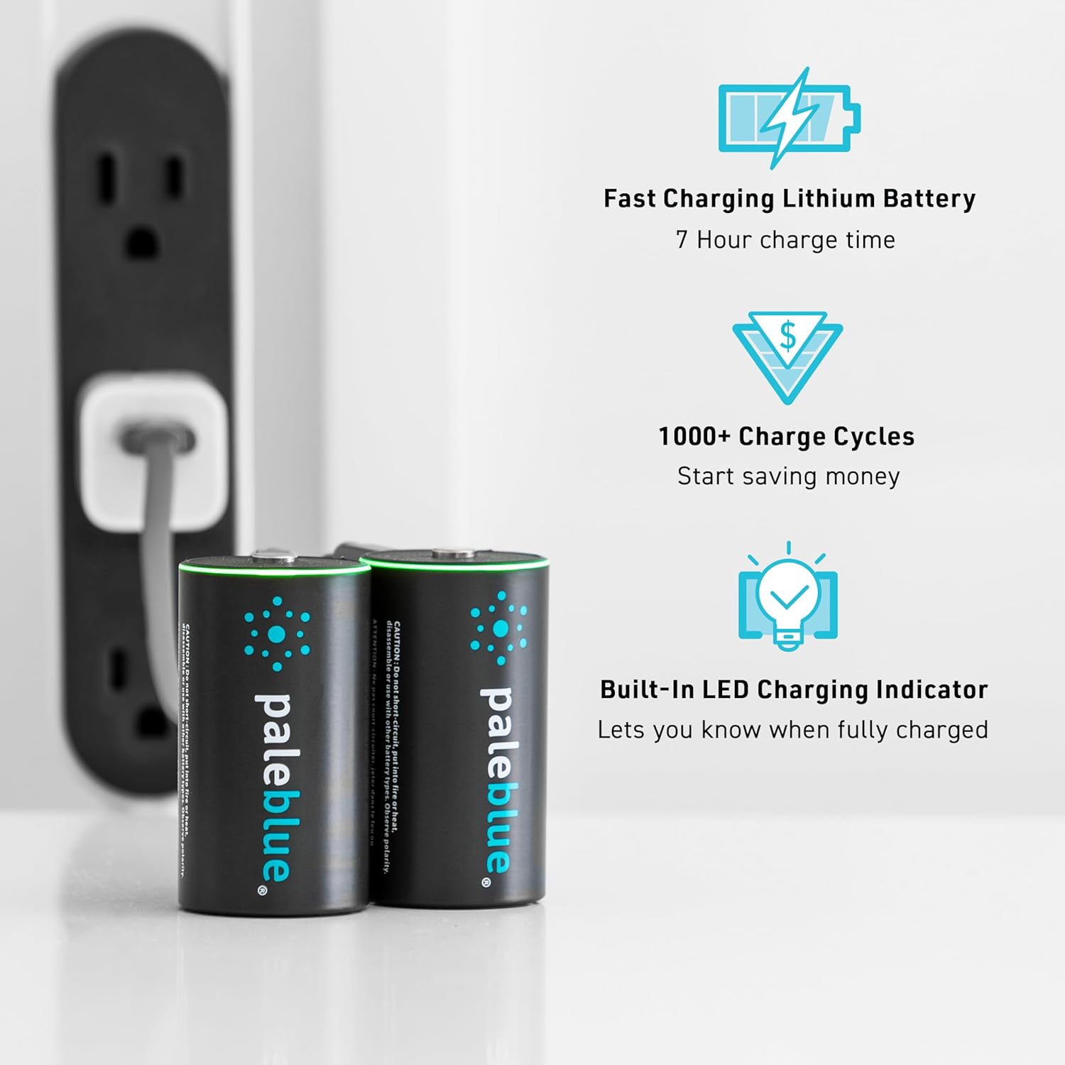 Pale Blue – Baterías recargables D con cargador USB, iones de litio de 1.5 V 5000 mAh, se cargan menos de 7 horas, más de 1000 ciclos, cable de