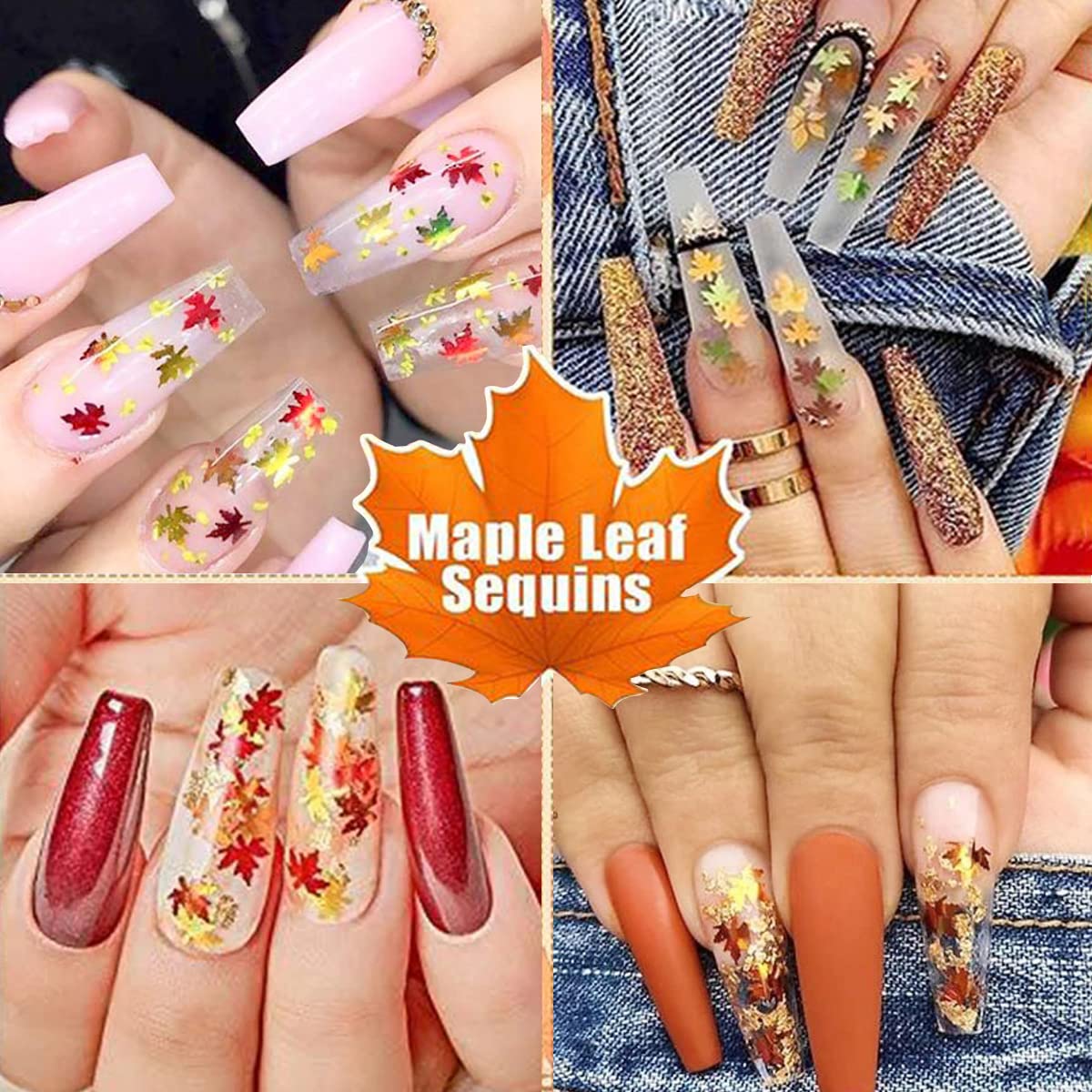 6 rejillas para arte de uñas de otoño, hojas de arce 3D, lentejuelas con purpurina, calcomanías holográficas láser dorado, rojo y verde, hojas con