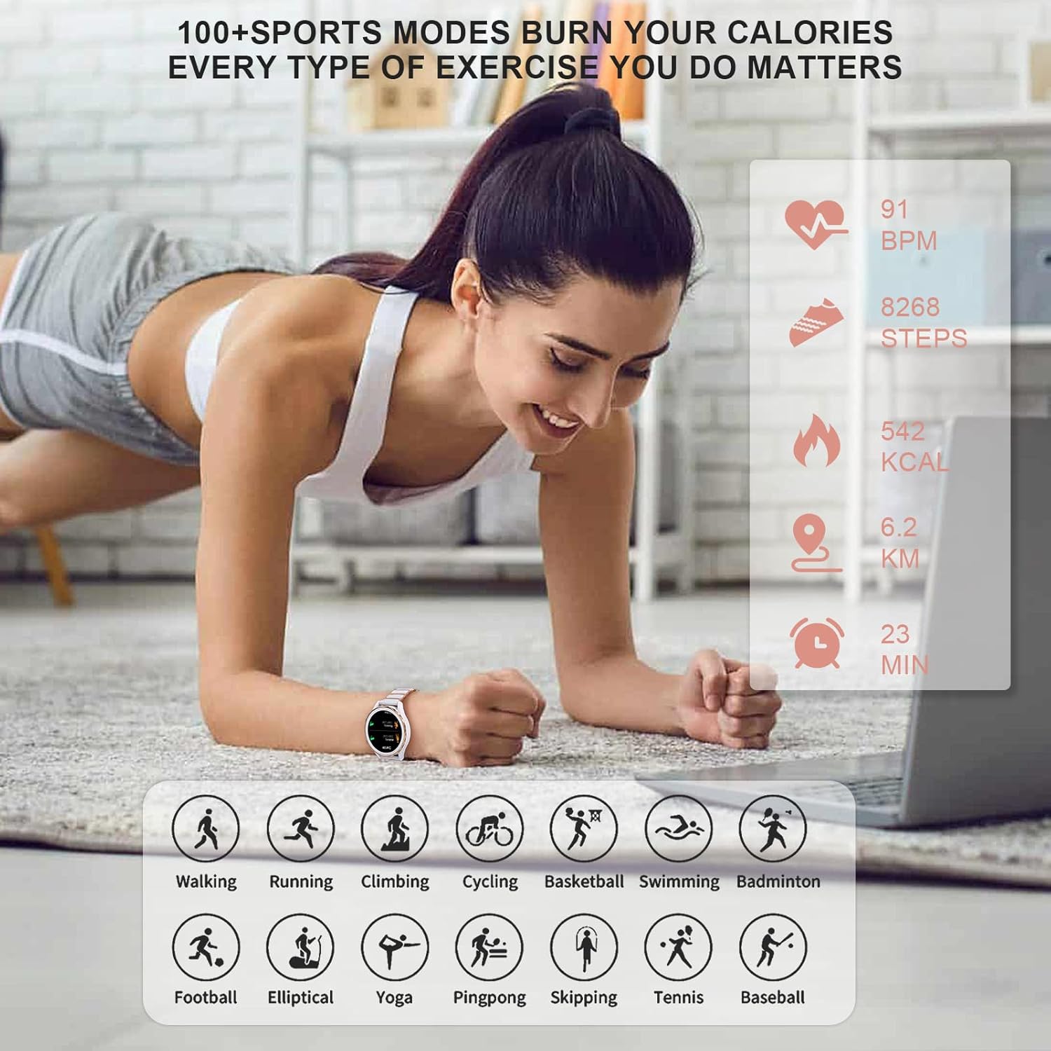 Relojes inteligentes para mujer (respuestahacer llamadas), relojes Fulltouch con monitor de presión arterialsueñofrecuencia cardíaca, 100 modos