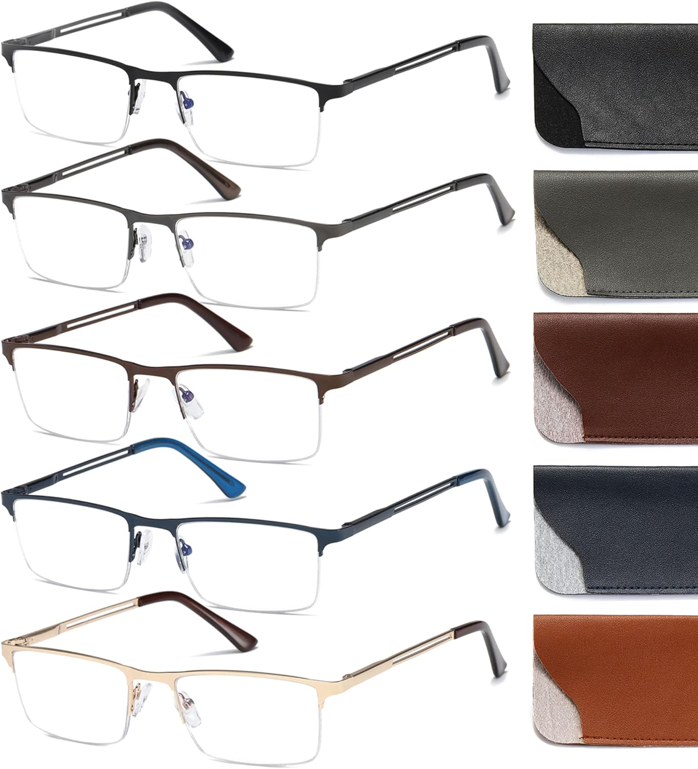 Gafas de lectura para hombre, 5 unidades, bloqueo de luz azul, lectores de metal de medio marco, bisagra de resorte, anteojos ligeros con filtro UV