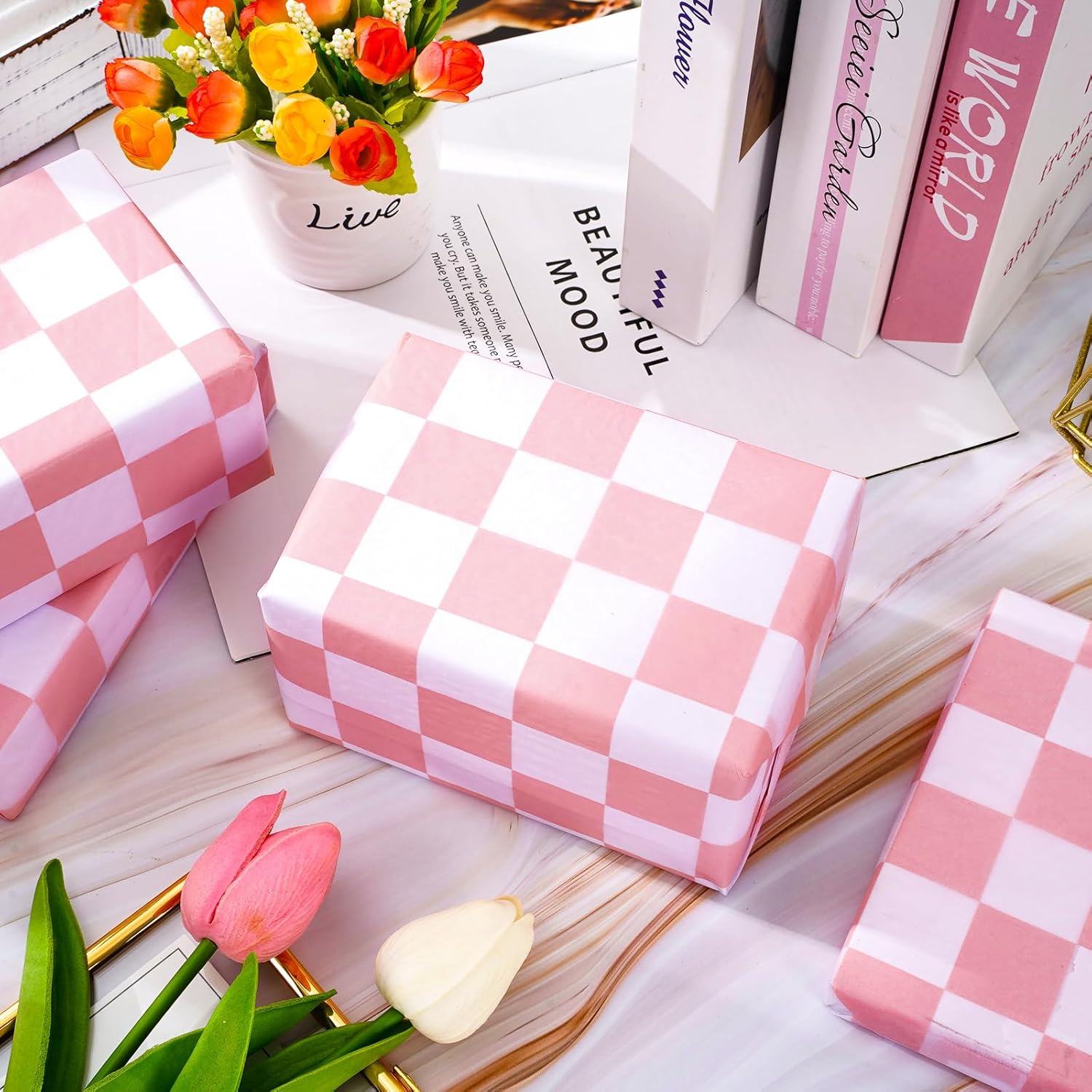 Whaline 100 piezas de papel de seda a cuadros, papel de regalo blanco y rosa, papel de embalaje, papel de manualidades para el hogar, baby shower,