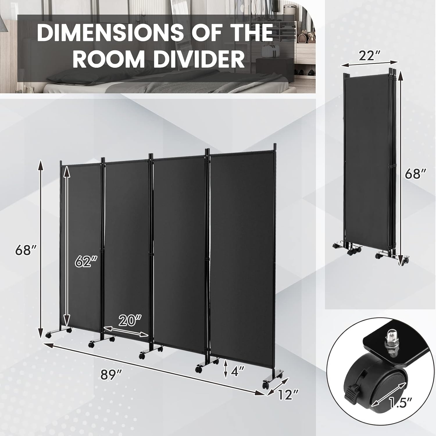 Giantex Divisor de habitación de 4 paneles con rodillos gris pantalla de privacidad plegable independiente de 5.7 pies, divisor de pared de 89