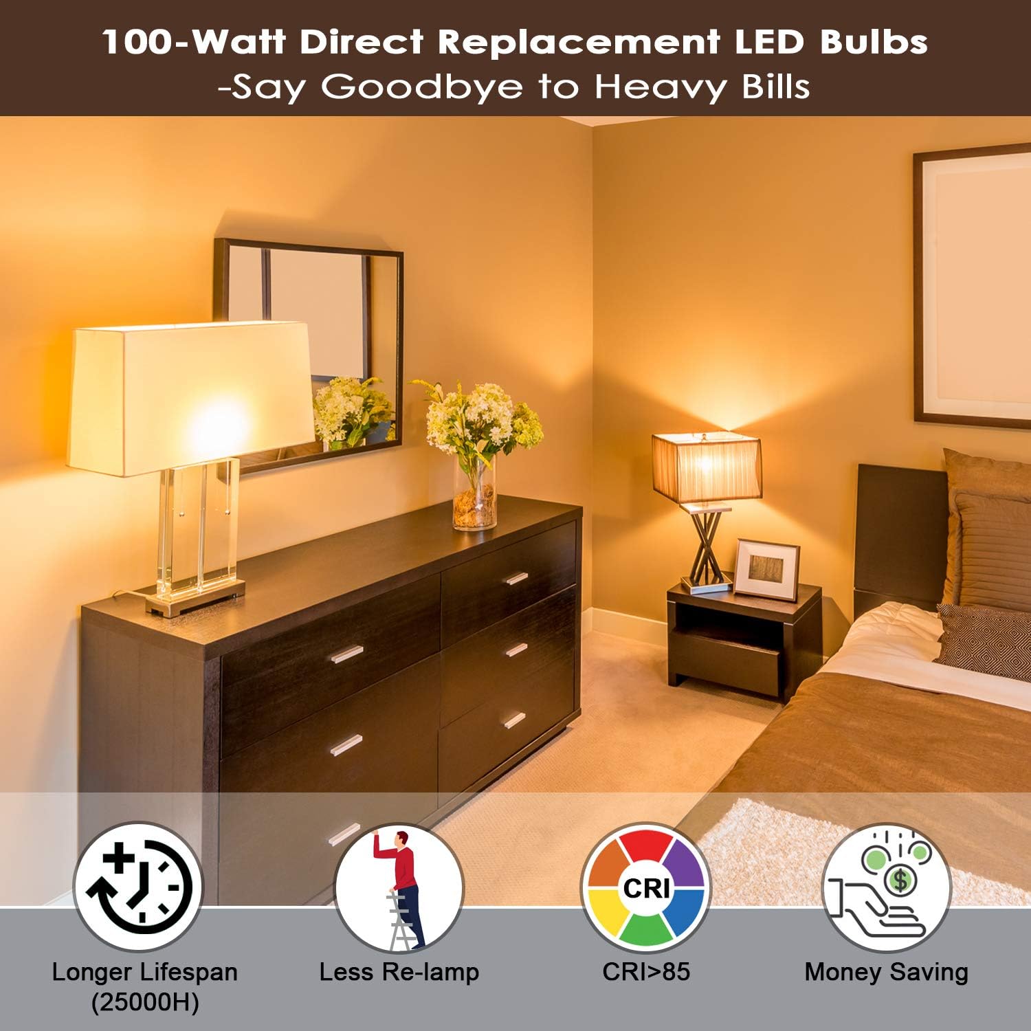 Paquete de 12 bombillas LED A19, bombillas LED equivalentes a 100 W, luz blanca cálida de 2700 K, bombillas E26 Edison con base de tornillo mediano