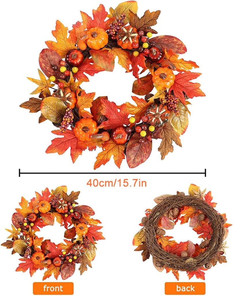 Corona de otoño de Acción de Gracias para puerta delantera, corona de cosecha de otoño con calabaza, hoja de arce, piña, baya para Navidad, otoño,