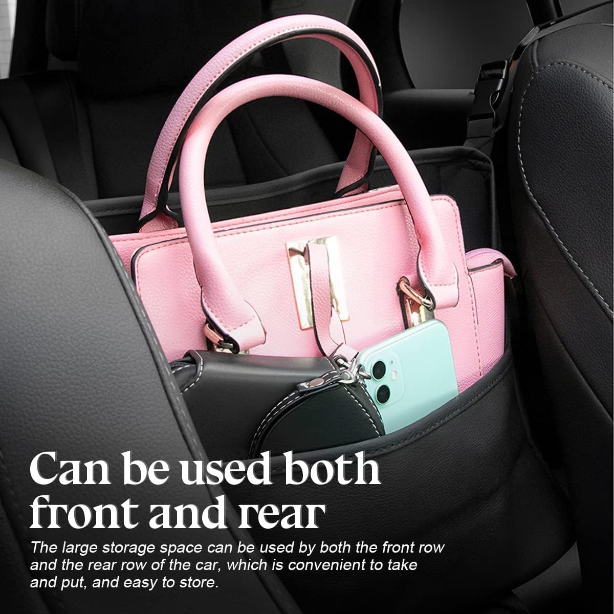 zipelo Soporte para bolso de coche entre asientos, soporte de cuero sintético con múltiples bolsillos de gran capacidad, barrera de bolsa de red