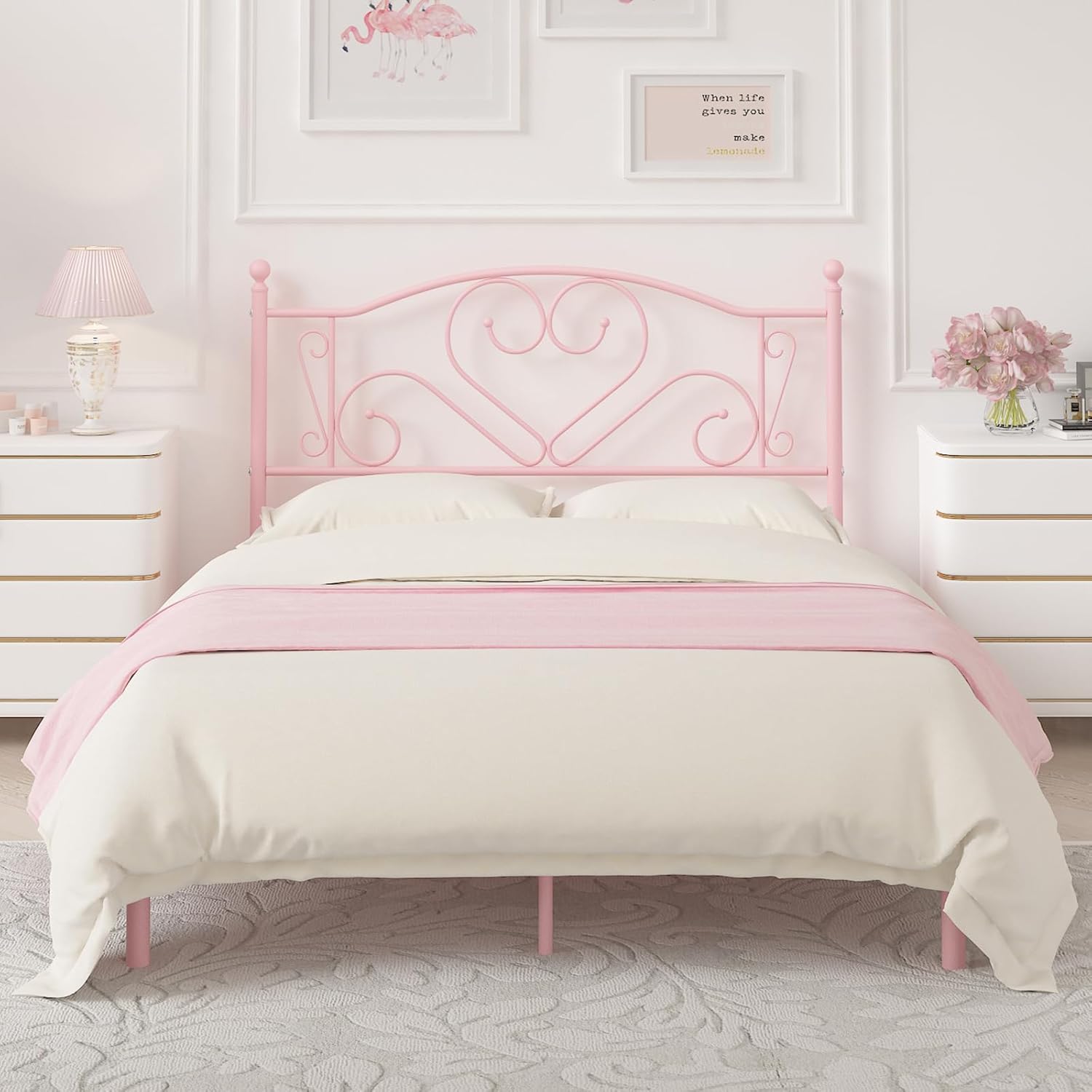 Weehom Base de cama de tamaño matrimonial con cabecero, plataforma de metal resistente debajo de la cama, espacio de almacenamiento sin necesidad de