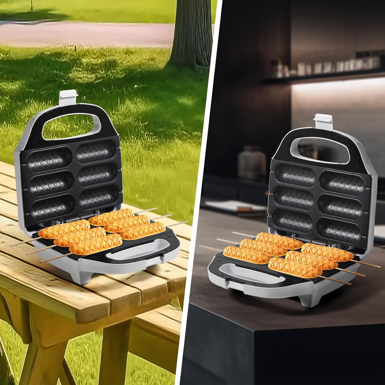 Máquina de gofres de maíz para perros calientes, con placa de revestimiento antiadherente, tostadora para perros calientes para hacer 6 perros de