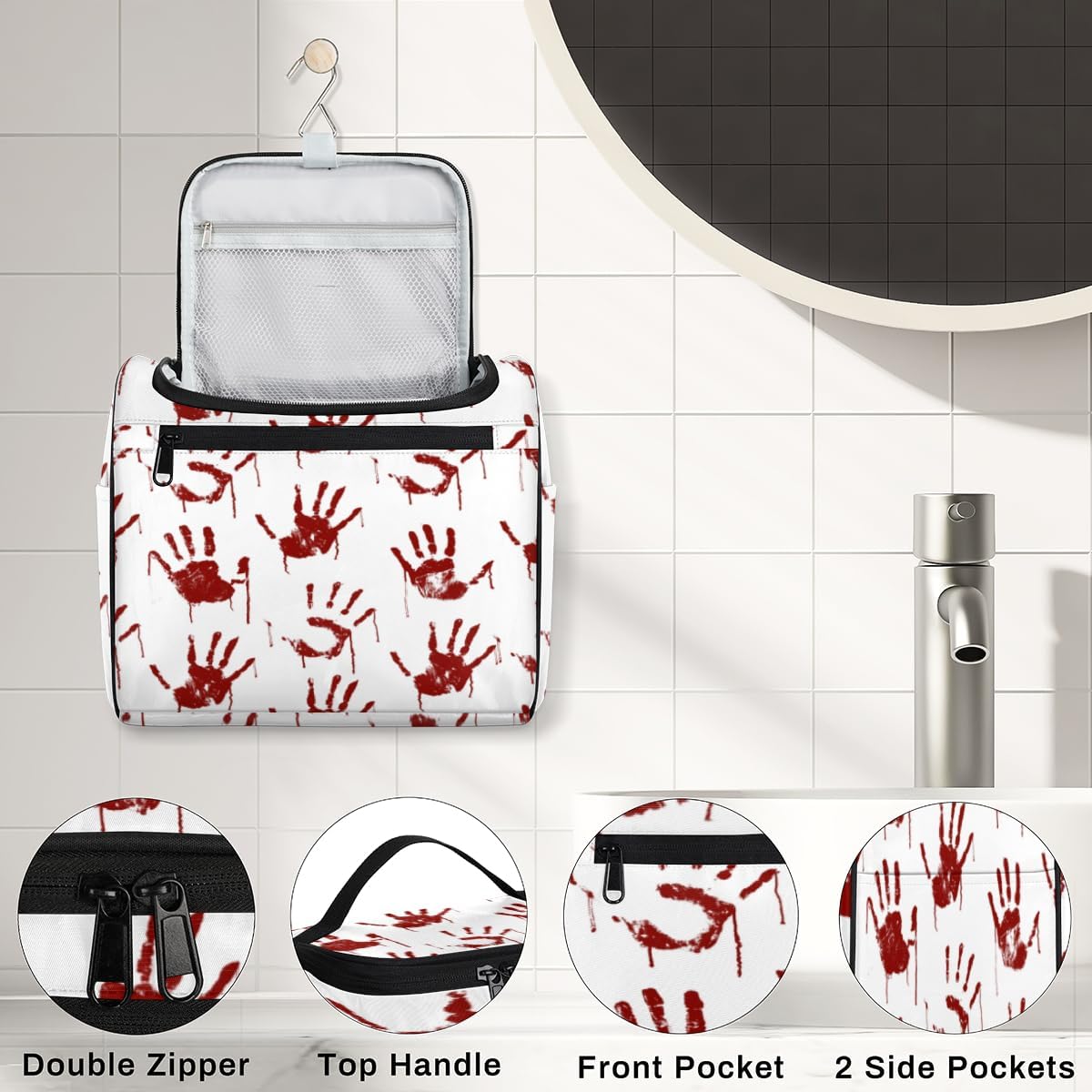 Interesting Halloween Toiletry Bag for Women Travel Makeup Organizer with Hanging Hook Traveling Cosmetic Bags for Toiletries Accessories