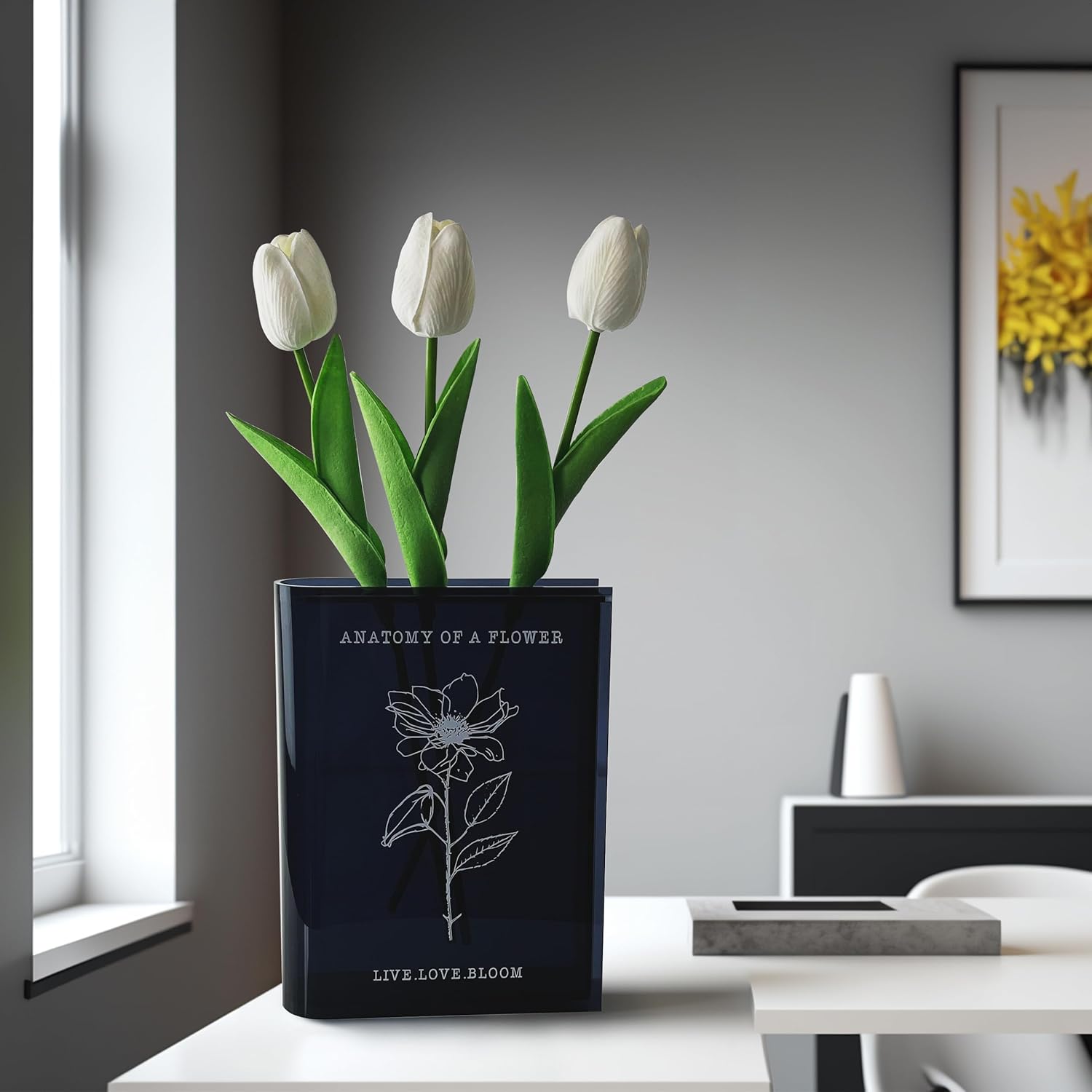 Jarrón transparente para flores, centro de mesa moderno y decorativo para el hogar, anatomía de una flor, Le Marq Design (negro con tallo, soporte