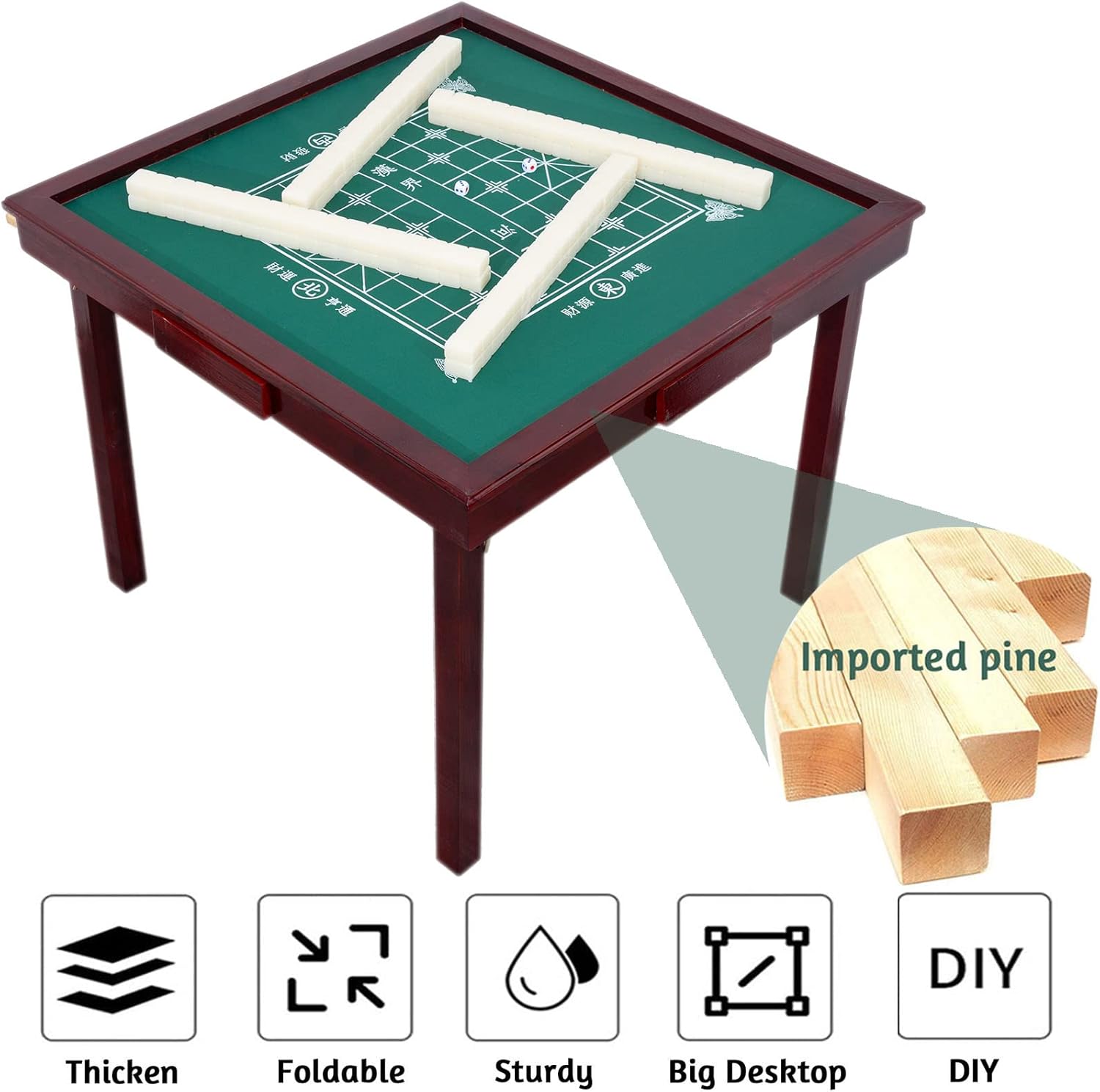 Mesa Mahjong plegable, mesa de cartas multifunción de 35 pulgadas con 4 portavasos y 4 cajones, mesa de juego cuadrada para mahjong, blackjack de