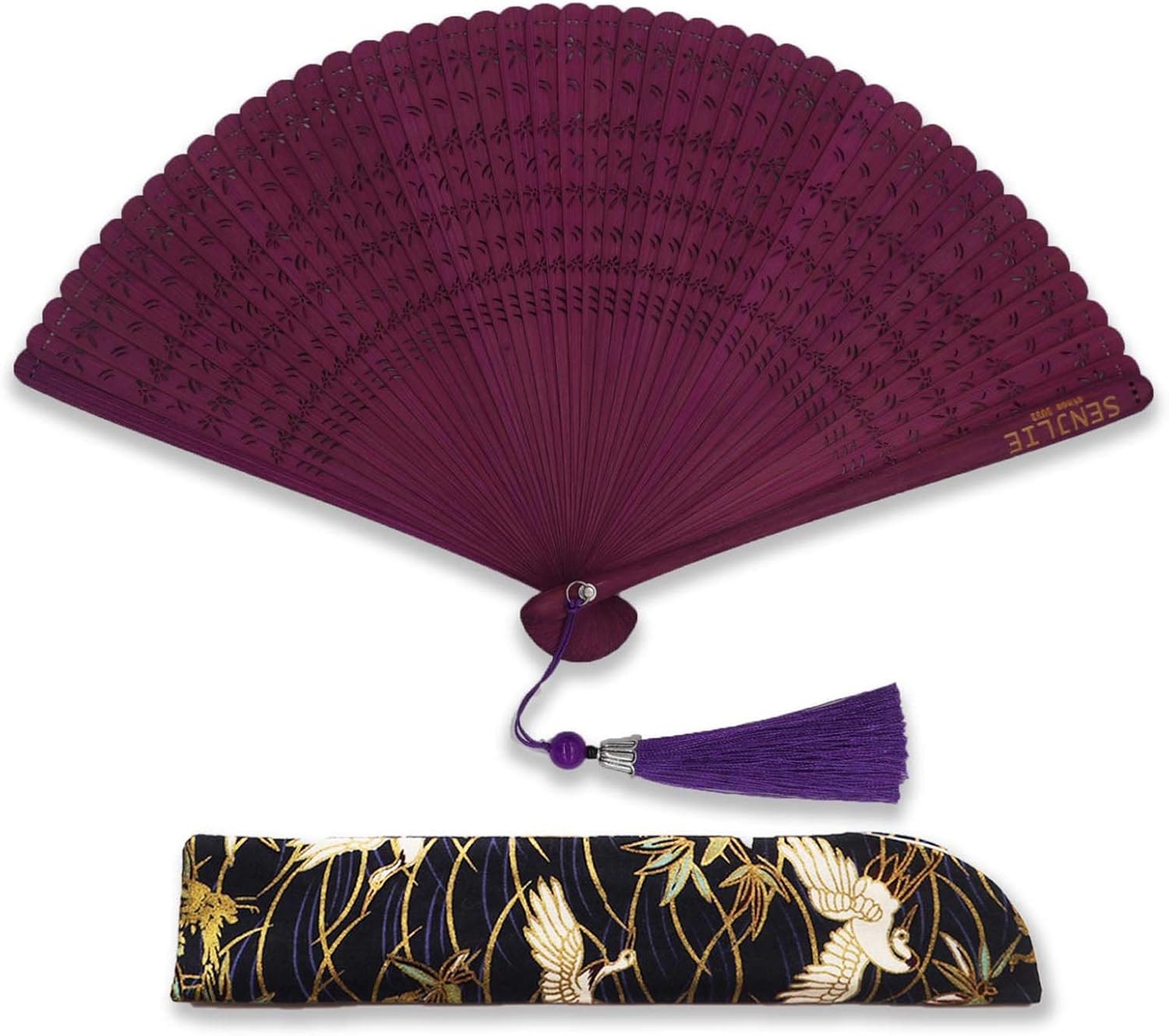 SENJLIE – Abanico plegable de bambú hecho a mano de 7 pulgadas (7.1in) para mujer, ventilador de mano plegable de madera chinajaponesa con bolsa de