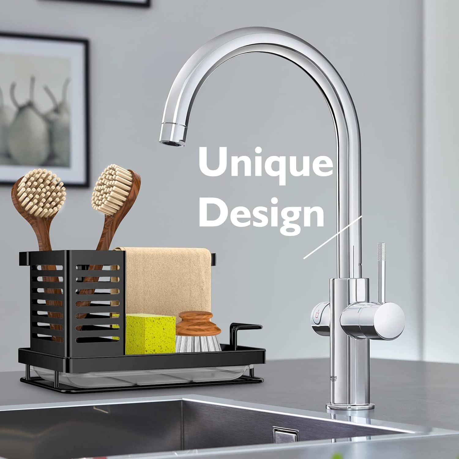 Sink Caddy, Kitchen Sink Organizer, Sponge Holder Stainless Steel Kitchen Caddy for Kitchen Sink with Removable Drain Pan Storage for Soap, Sponge,