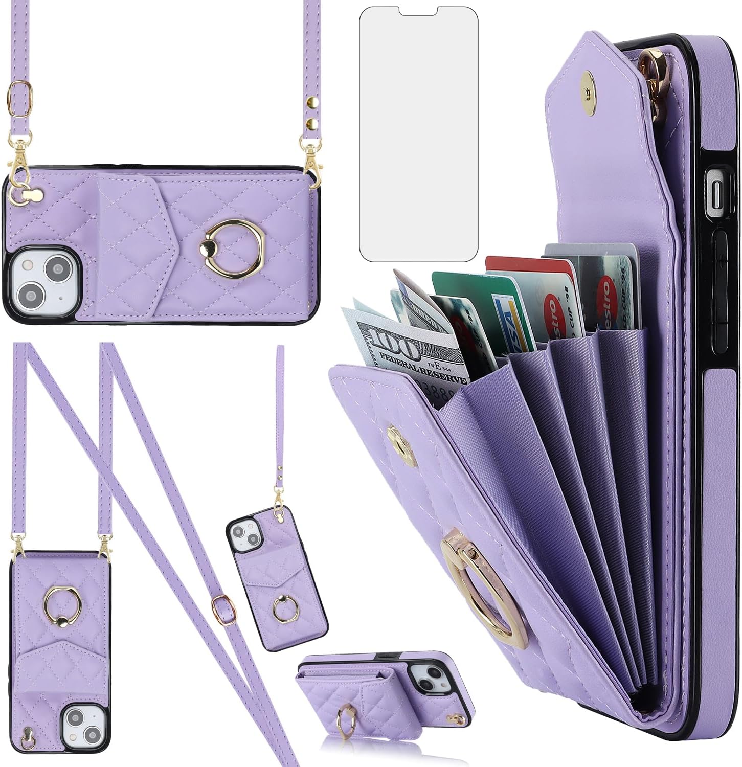 Asuwish Funda de teléfono para iPhone 13 de 6.1 pulgadas con protector de pantalla de vidrio templado, correa de muñeca, anillo de bloqueo RFID,