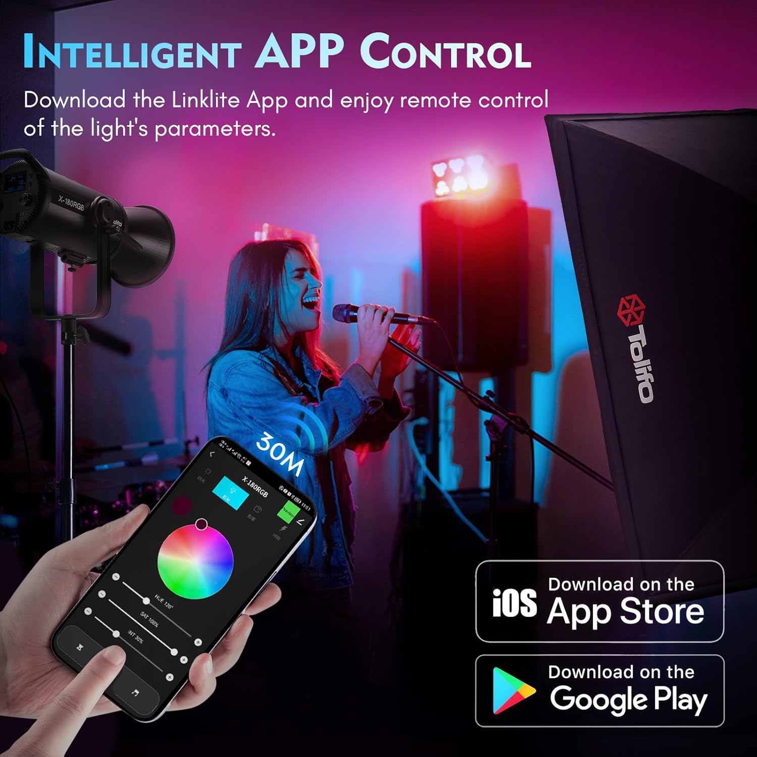 Tolifo Luz de video LED RGB X-180 con control de 2.4GAPP, iluminación de salida continua COB RGB de 180 W Montaje Bowens 22766Lux3.3 ft 2700K-6500K
