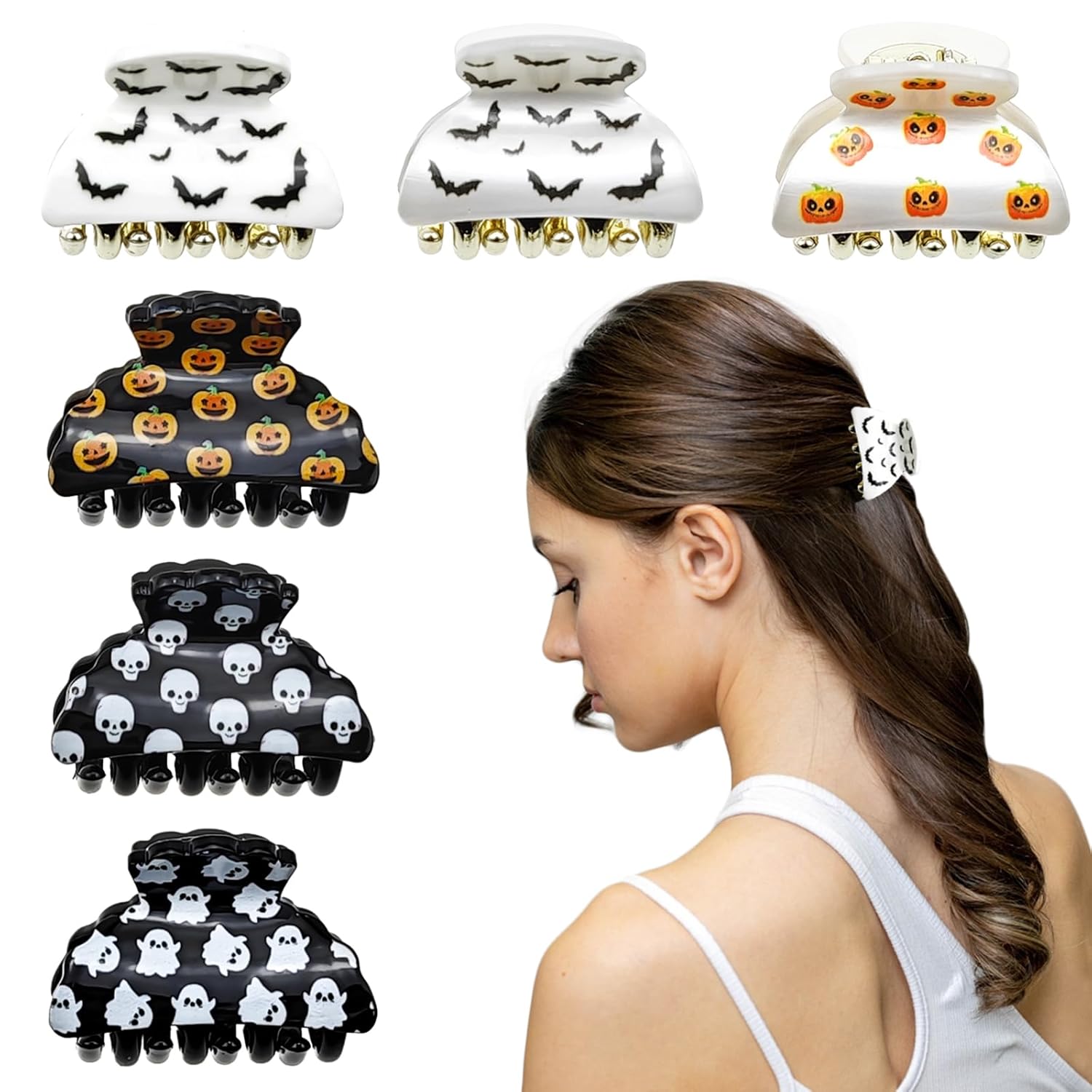 Paquete de 6 pinzas para el cabello de Halloween, lindas pinzas para el cabello pequeñas, clip con calabazas, murciélagos, fantasmas y esqueletos