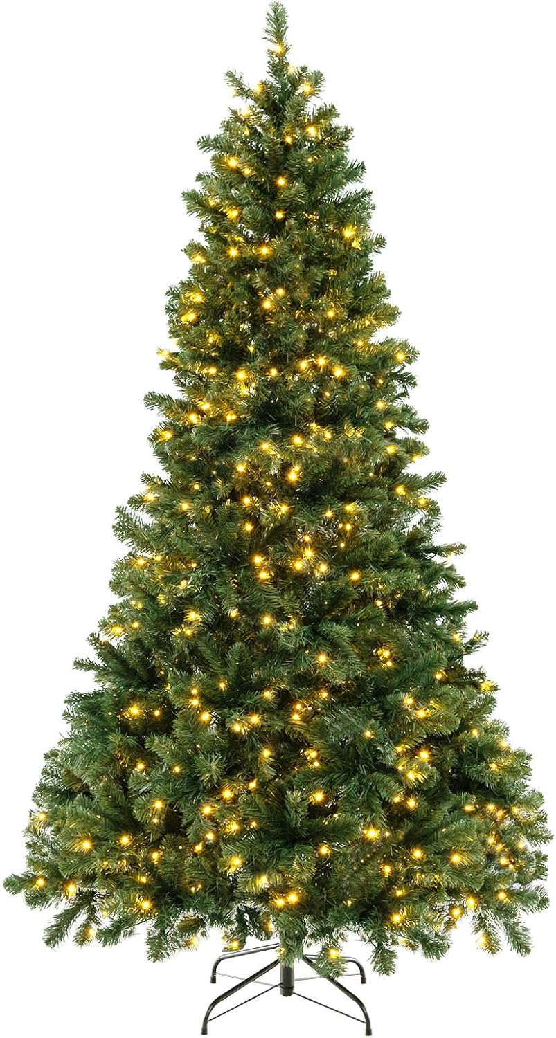 Goplus Árbol de Navidad artificial preiluminado de 6 pies, árbol de Navidad con bisagras con 821 puntas de rama, 560 luces LED blancas cálidas,