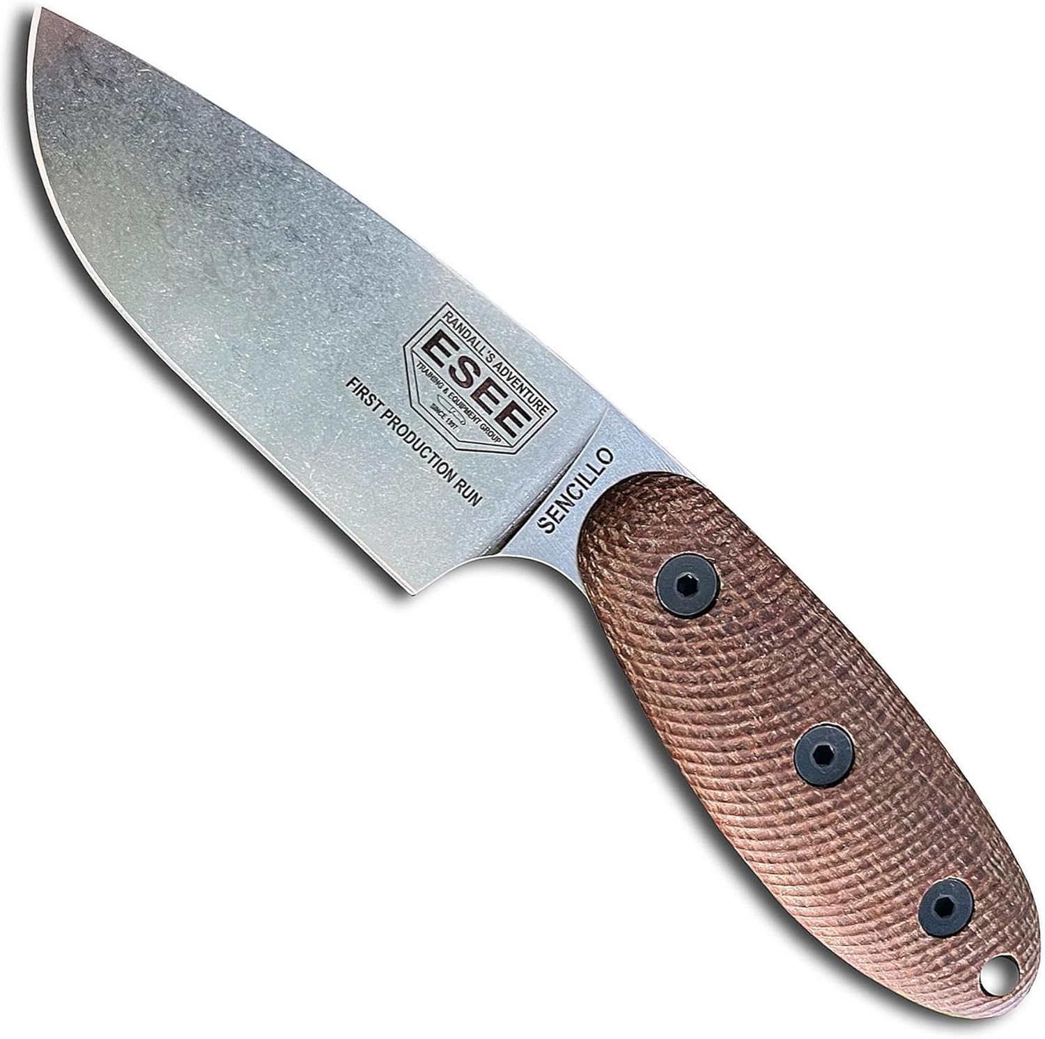 ESEE Sencillo Cuchillo de supervivencia de hoja fija con mango de micarta marrón y funda Kydex (acero A2)