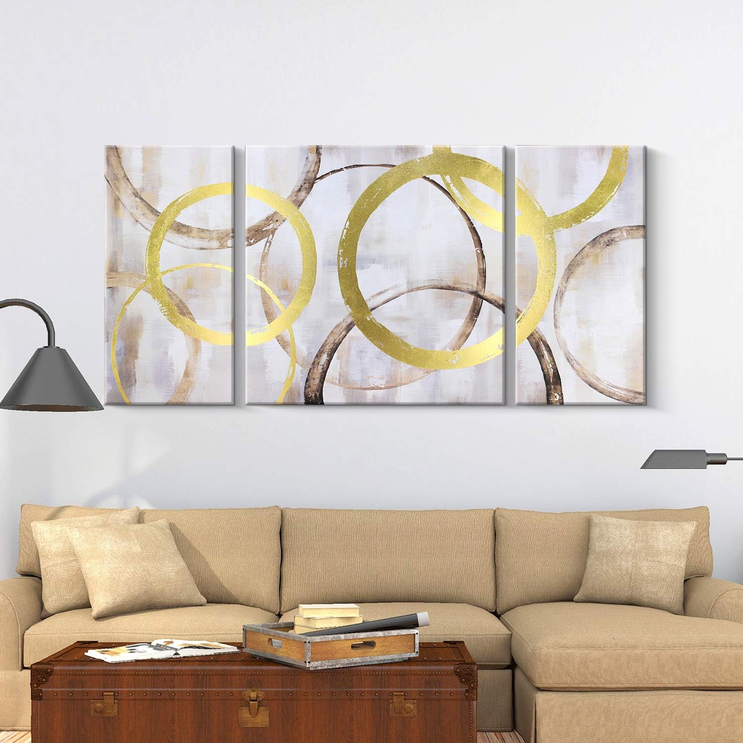 Pi Art Arte abstracto contemporáneo para pared, lámina de oro, círculos entrelazados, grande, decoración de pared estirada en madera