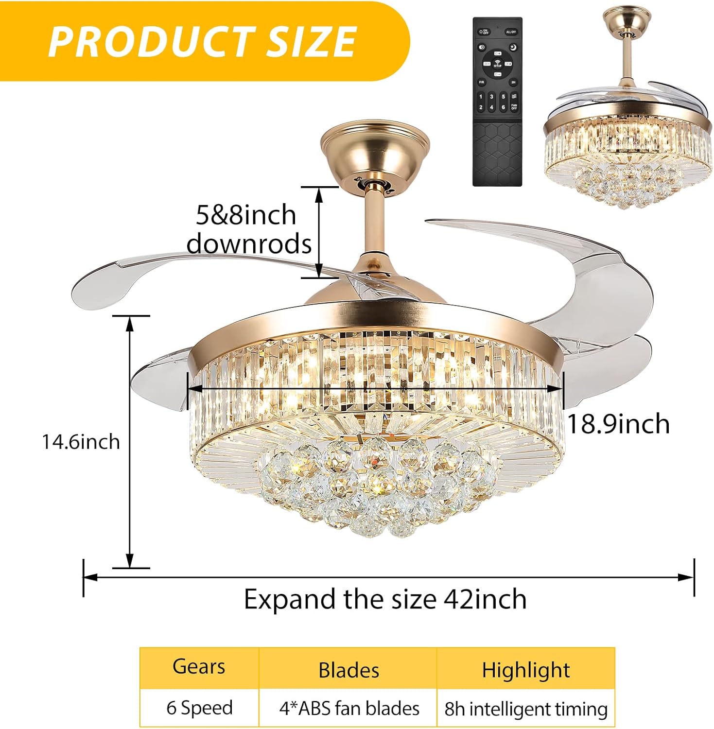 Ventilador de techo de cristal de 42 pulgadas con luces y control remoto, kit de luz LED invisible con cuchillas retráctiles para sala de estar y