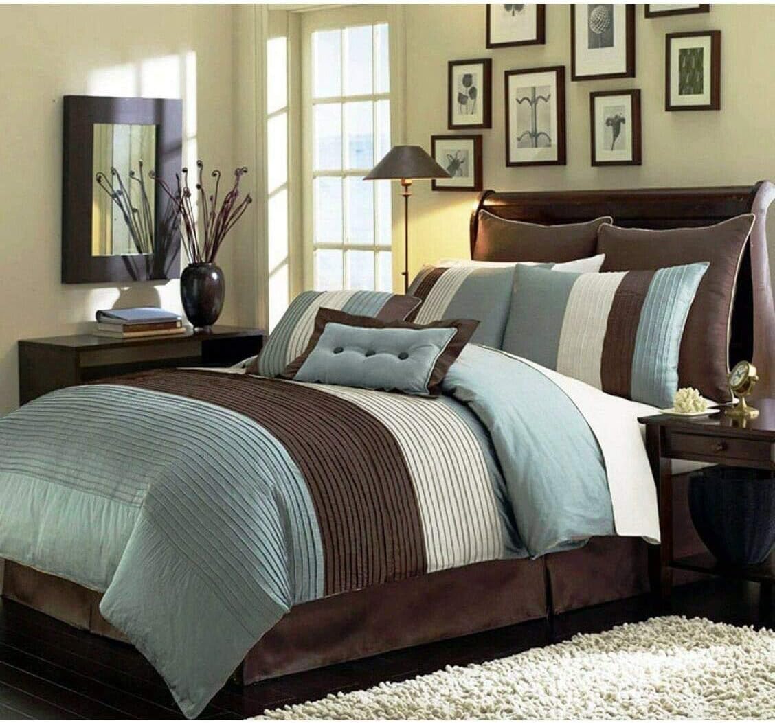 Chezmoi Collection Juego de edredón de 8 piezas con diseño de rayas plisadas, color azul, marrón, beige, tamaño California King