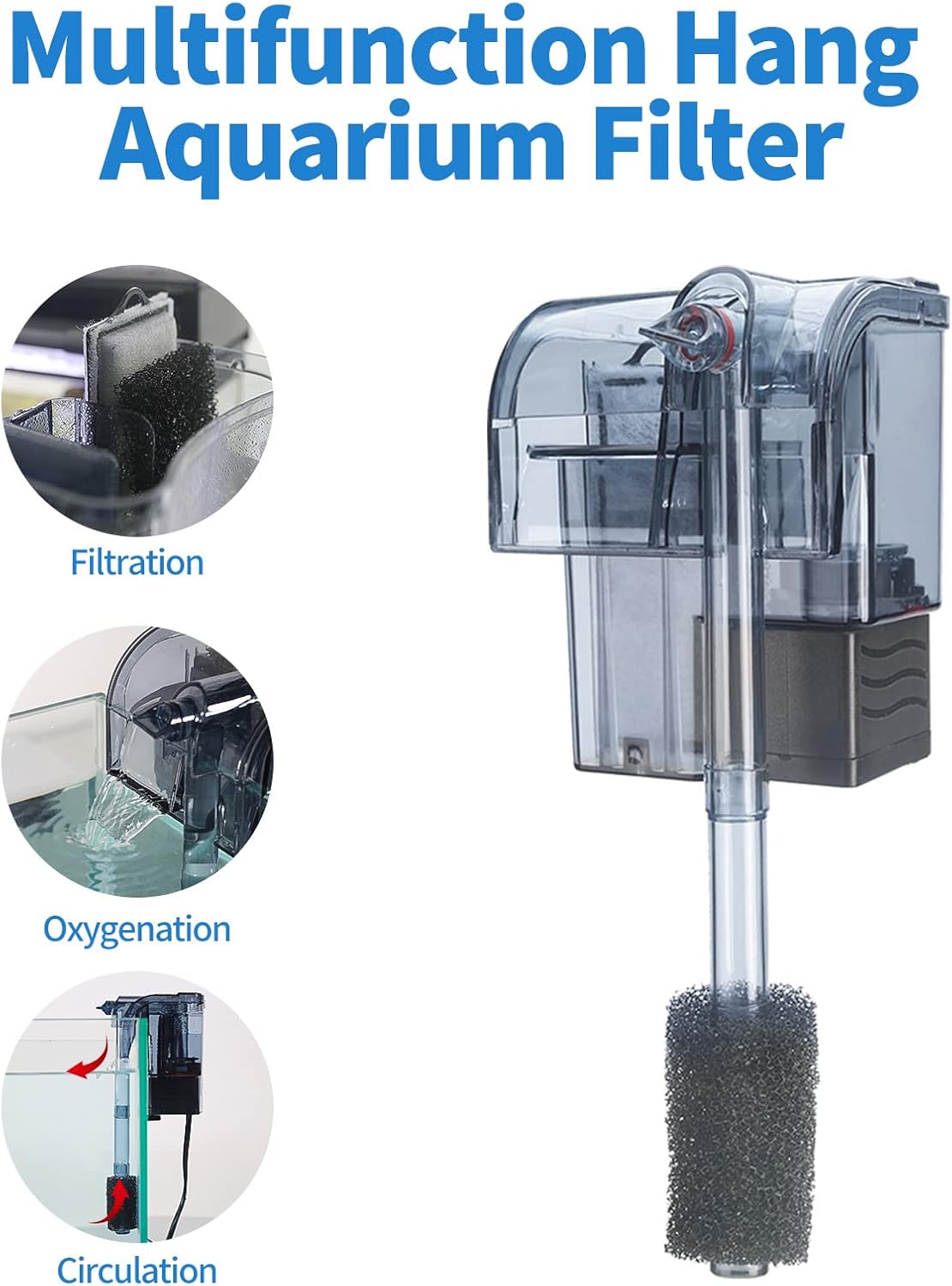 boxtech Filtro para colgar para acuario, bomba de oxígeno con suspensión en cascada de potencia, sumergible para colgar en la pared, carbón activado