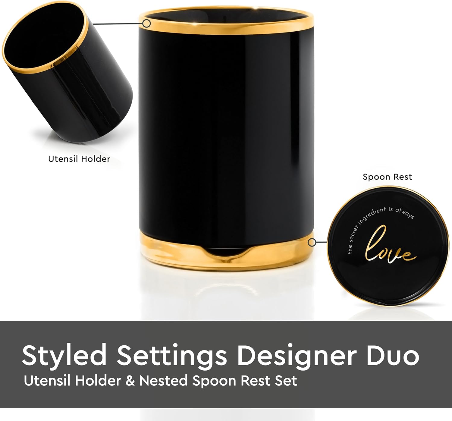 Styled Settings Soporte para utensilios negro y dorado con soporte de cuchara integrado, 2 soportes grandes de cerámica para utensilios de cocina,