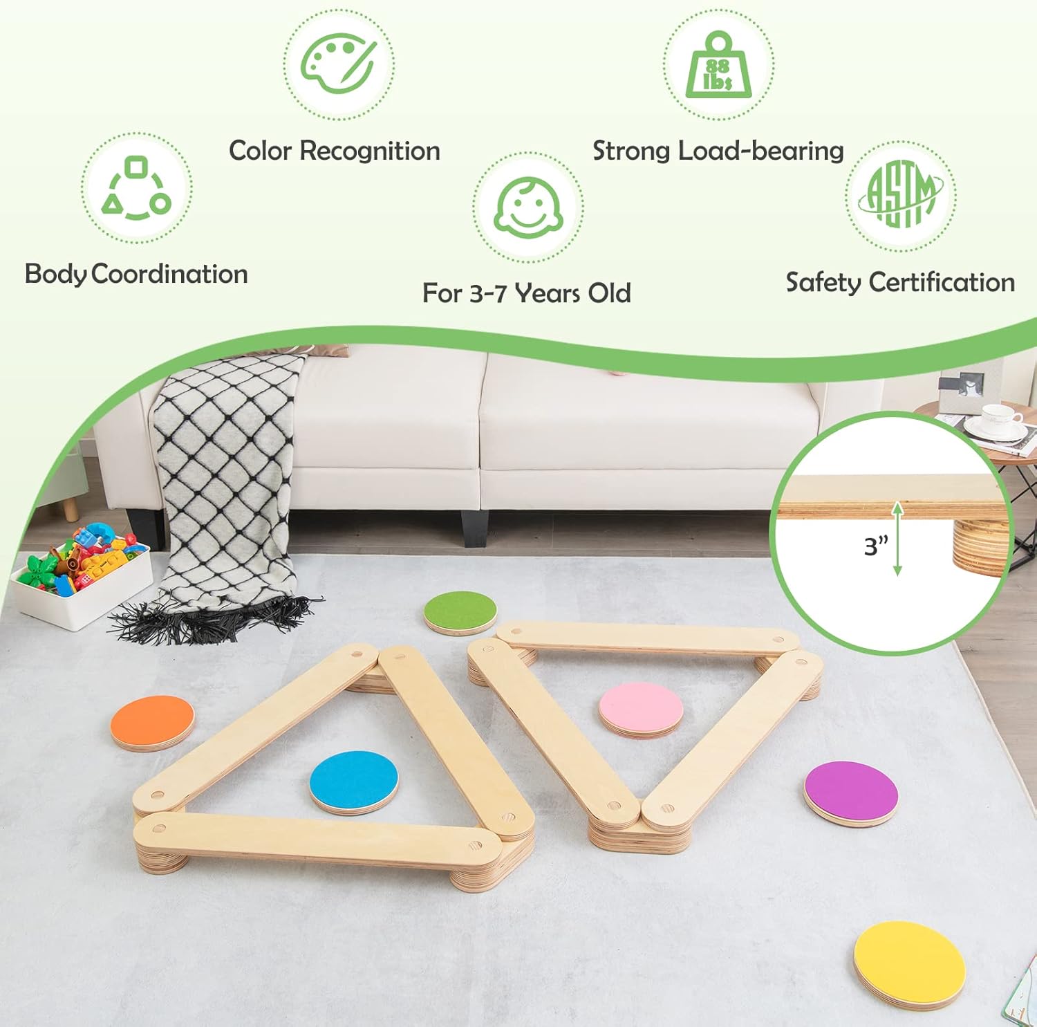 GLACER Viga de equilibrio para niños y escalones, tabla de equilibrio de madera para carrera de obstáculos de gimnasia, juguete Montessori, muebles
