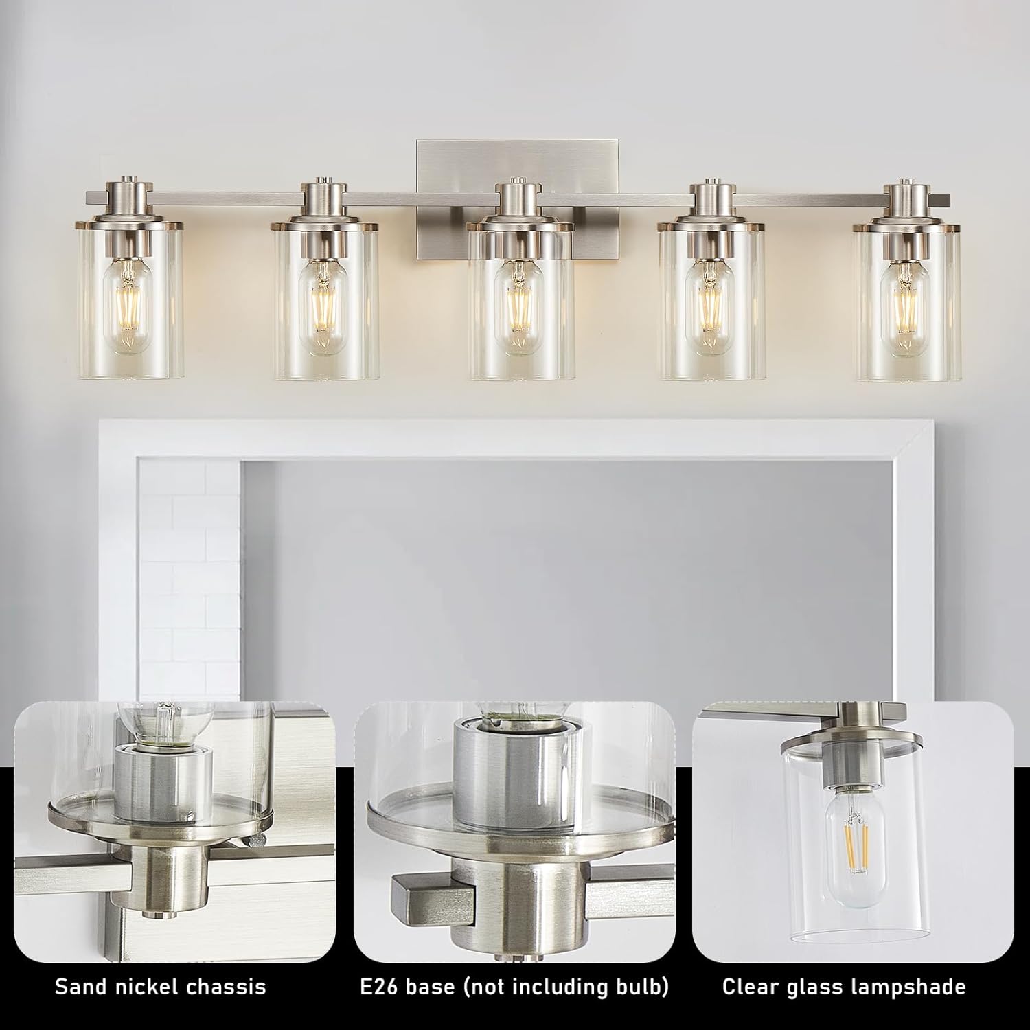 DUJAHMLAND Lámpara de baño, 5 luces de níquel cepillado sobre espejo, luz de tocador con pantalla de vidrio transparente, iluminación de tocador de