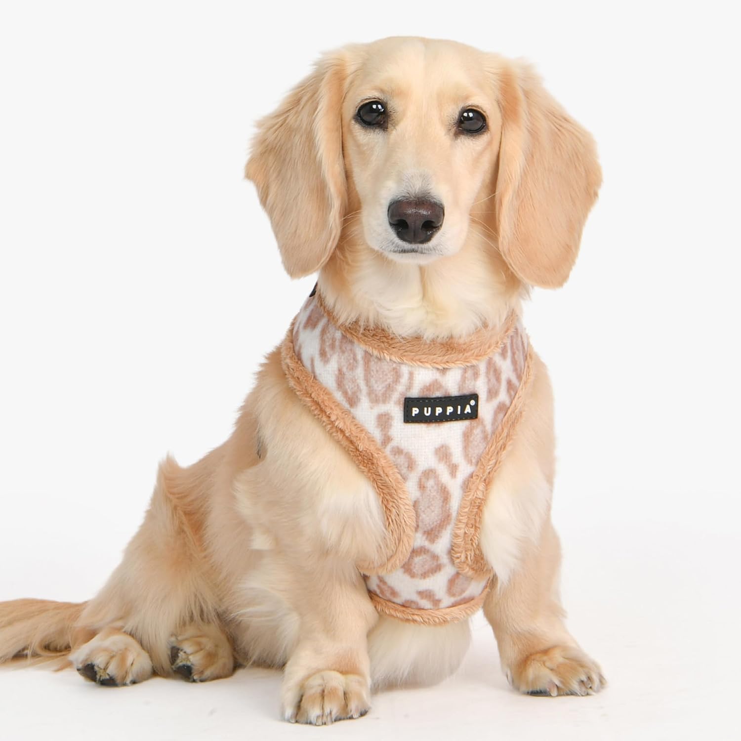Puppia Kovo – Arnés para perro sobre la cabeza, cálido patrón de leopardo de invierno, ajustable, pecho para perros pequeños y medianos, beige,