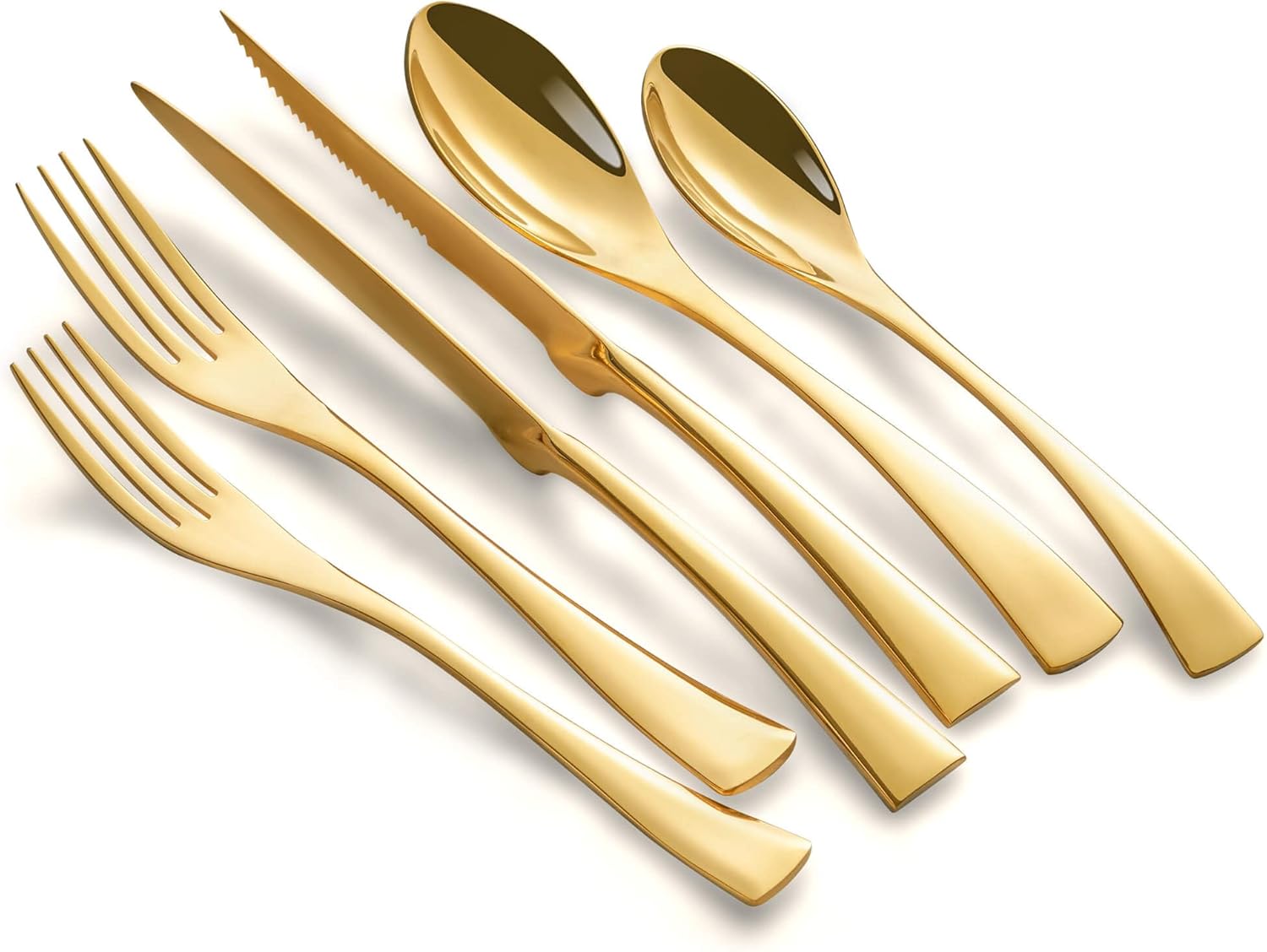 Juego de cubiertos dorados de 24 piezas con cuchillos de carne para 4, moderno juego de cubiertos de acero inoxidable 1810, juego de utensilios para