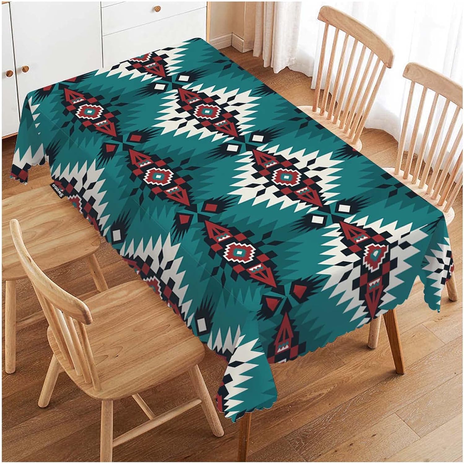 Swono Mantel decorativo con patrón azteca, estilo nativo étnico, bohemio, geométrico verde, para cocina, banquete de fiesta y vacaciones, 52 x 70