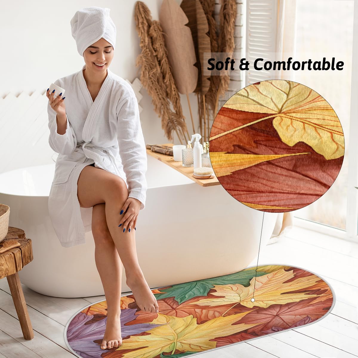 cfpolar Colorful Maple Leave Bathroom Rugs Non-Slip Bath Rug Microfiber Bath Mat Absorbent Kitchen Mats and Rugs Machine Washable Oval Plush Floor
