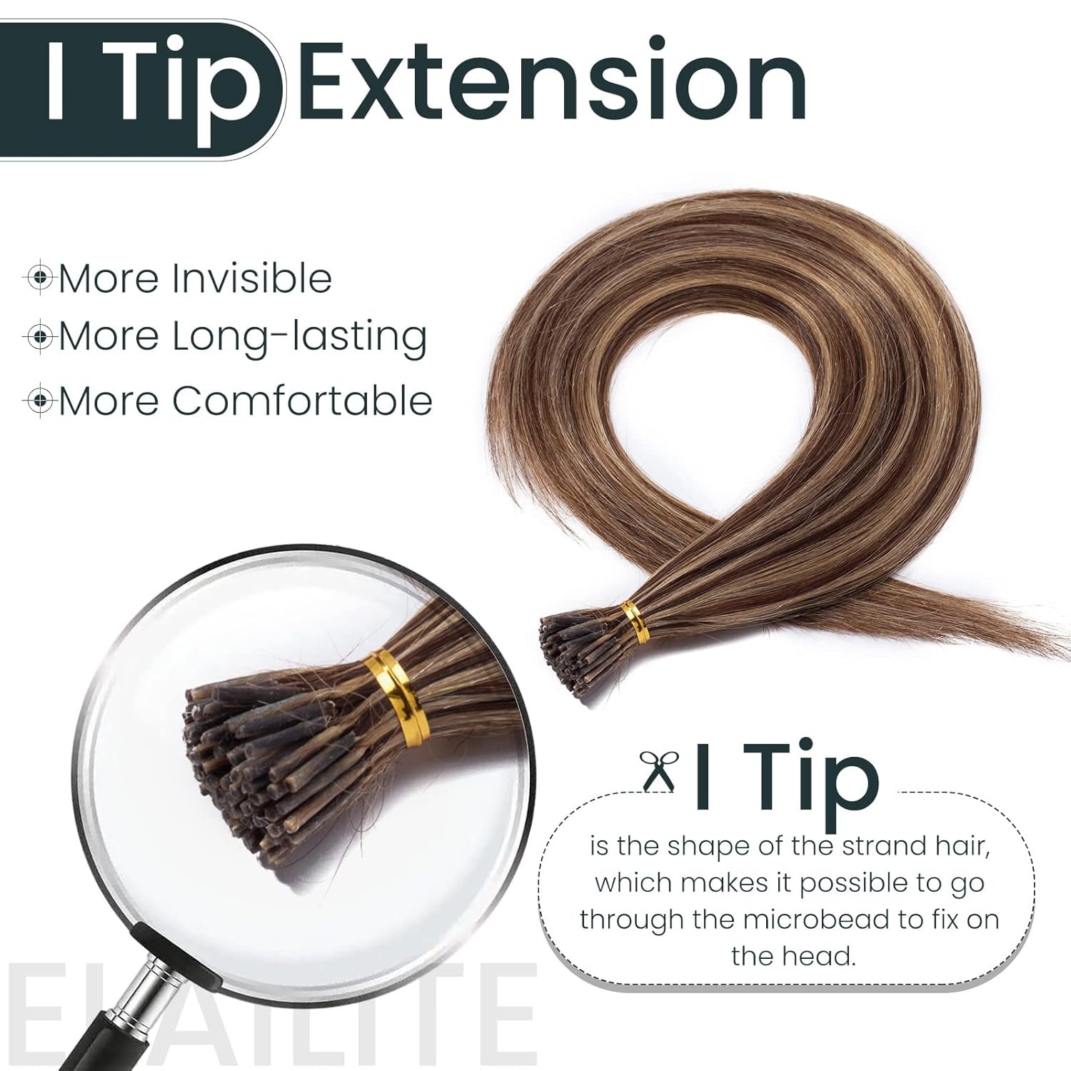Elailite I Tip – Extensiones de cabello humano V3.0 Itip con queratina en barra unida, cabello real, sedoso, lacio, natural, #4, mezcla de marrón