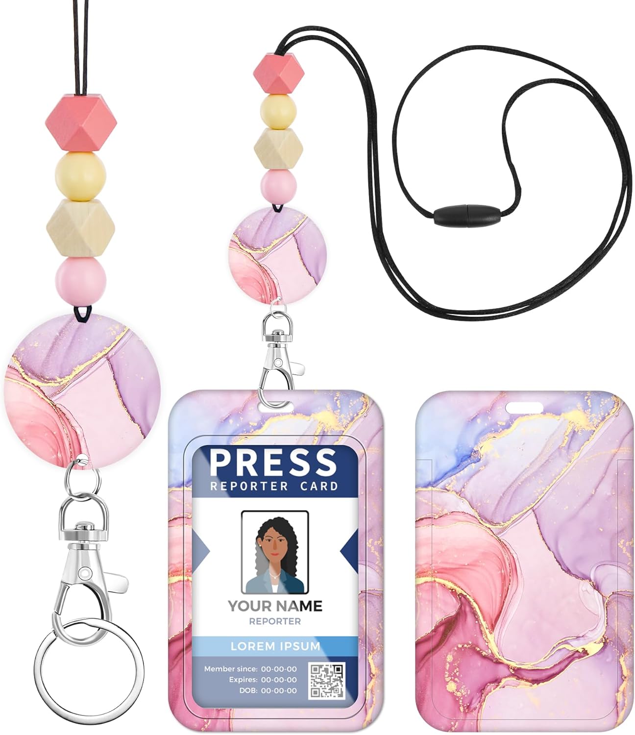 Plifal Cordón para profesor para tarjeta de identificación, lindo mármol con cuentas para el cuello, cordón para el cuello, insignias, soporte