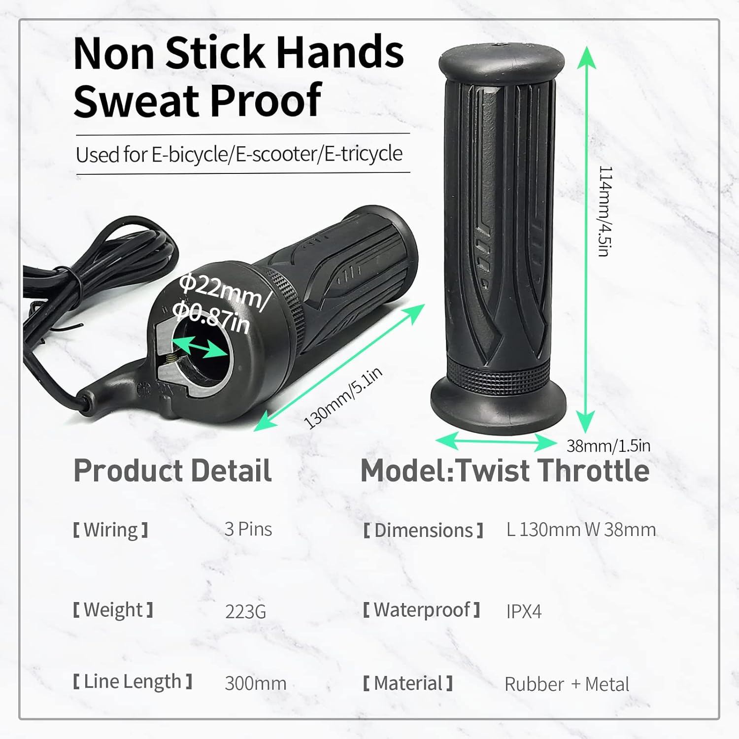 MUSELK Bicicleta eléctrica 20X Full Half Twist Acelerador Mango derecho Acelerador 3PIN Conector hembra para BBS01 BBS02 BBSHD Mid Motor Acelerador